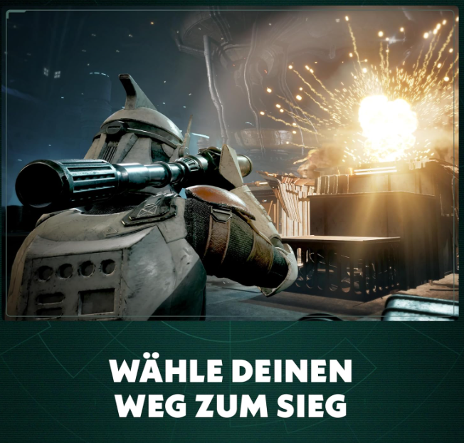 Ein Klonkrieger zielt mit einem Gewehr auf eine Explosion in einem futuristischen Raum.