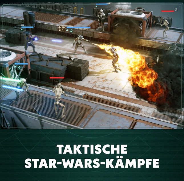 Star Wars-Kampfszene mit Droiden und Soldaten. Explosionen und Laserfeuer.