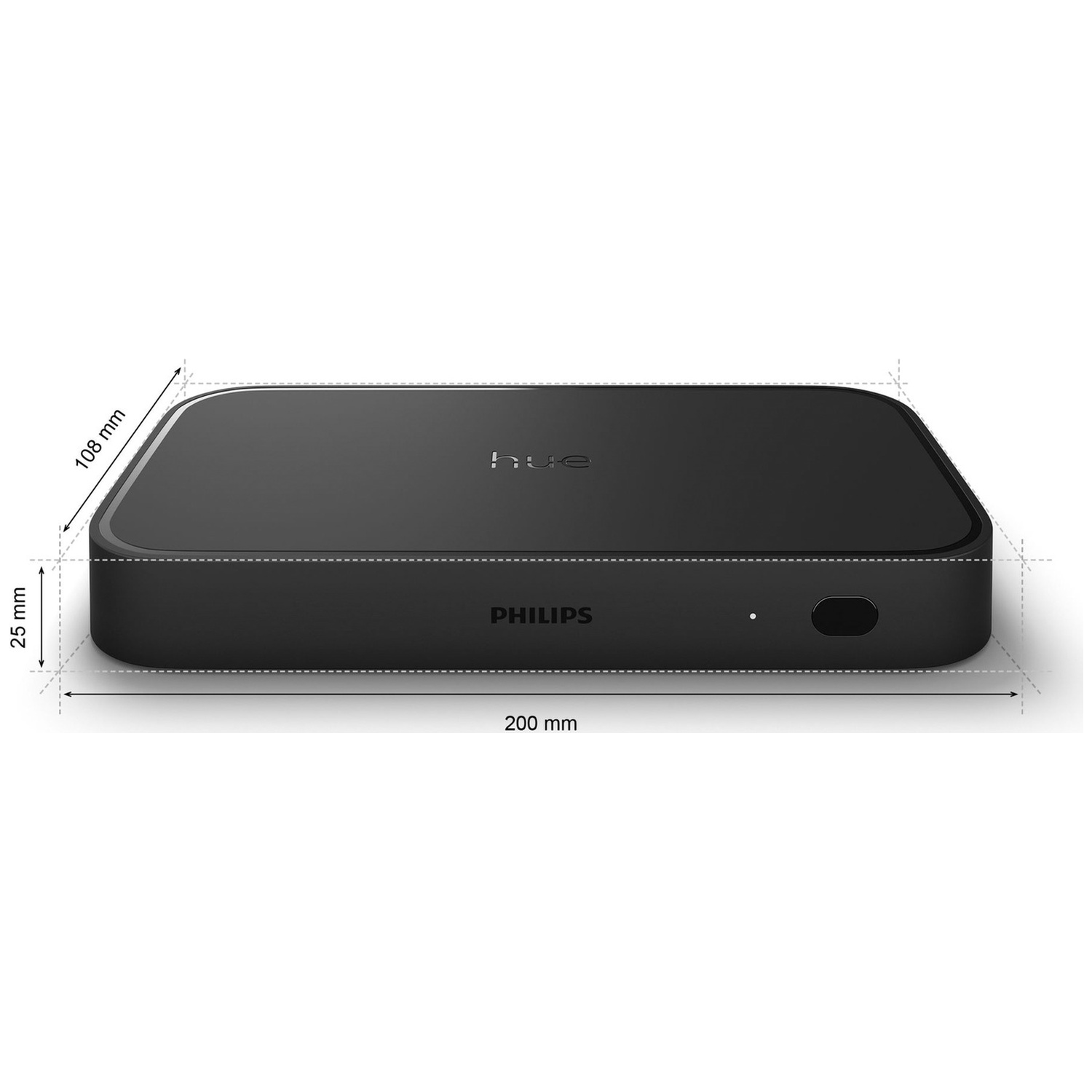 Zwart Philips Hue Bridge apparaat met afmetingen: 200mm lengte, 108mm breedte, 25mm hoogte.