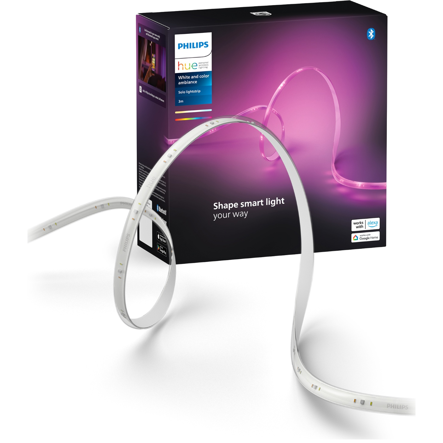 Een Philips Hue Solo lichtstrip met roze verlichting ligt naast de verpakking.