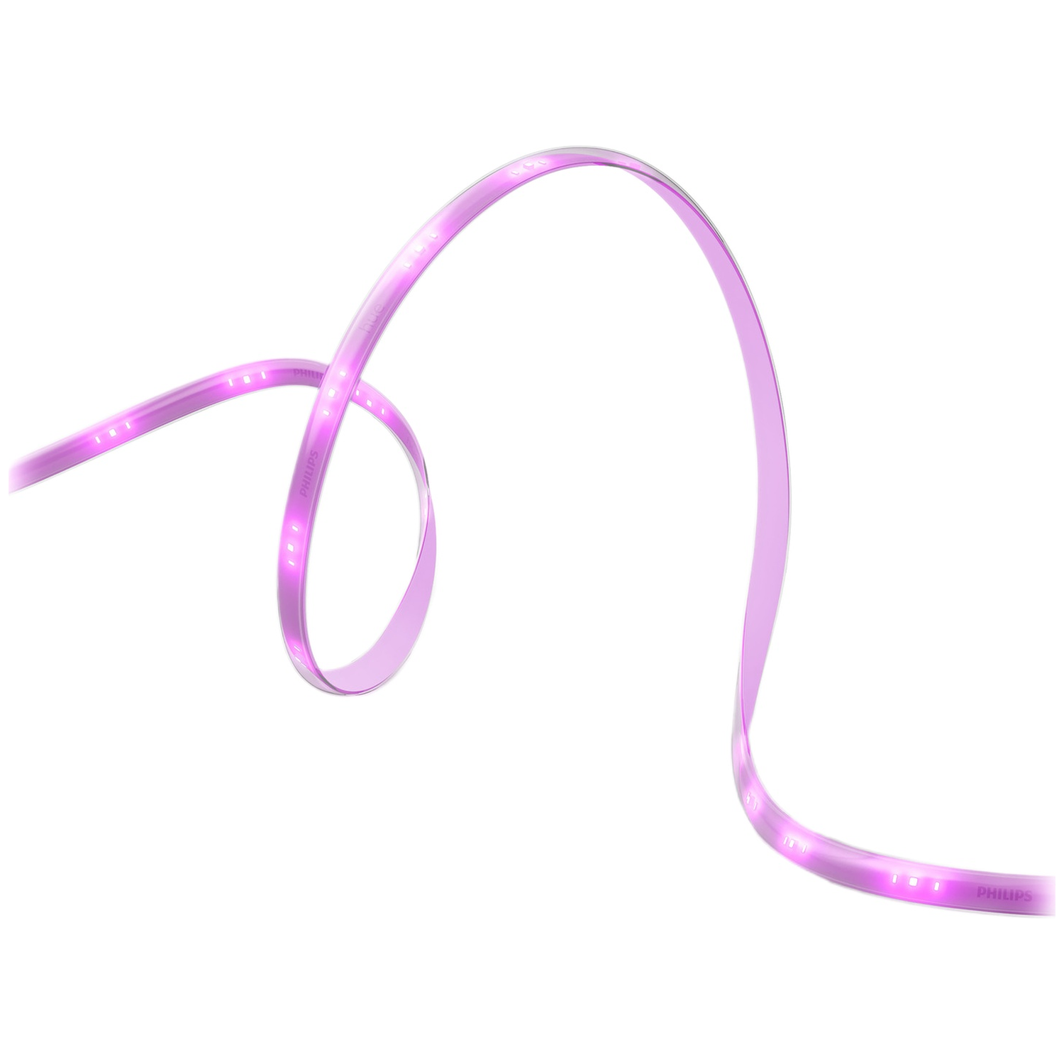 Een flexibele, paars gloeiende LED-strip die zich op een witte achtergrond slingert.