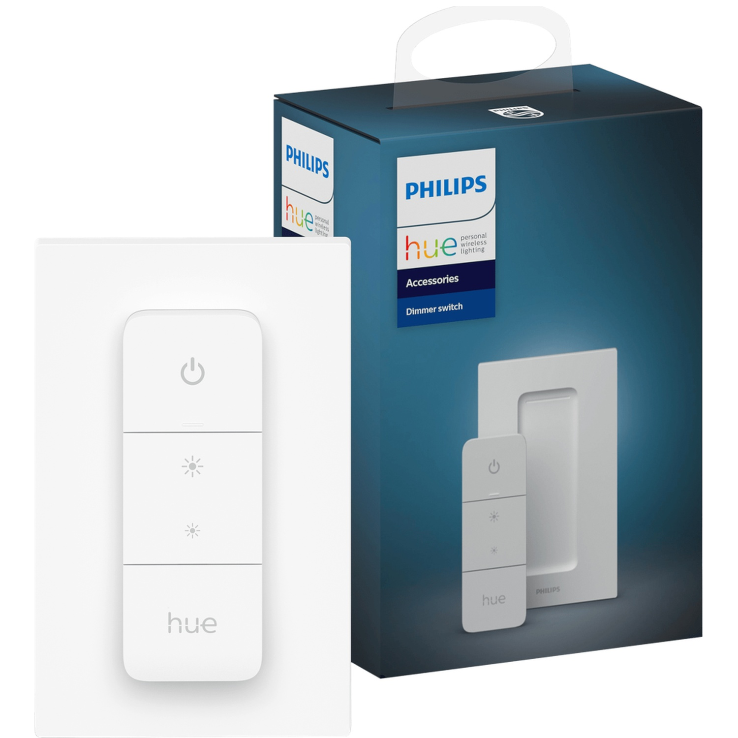 Philips Hue dimmer schakelaar en doos. De witte schakelaar heeft vier knoppen, de bovenste en onderste met het woord "hue".