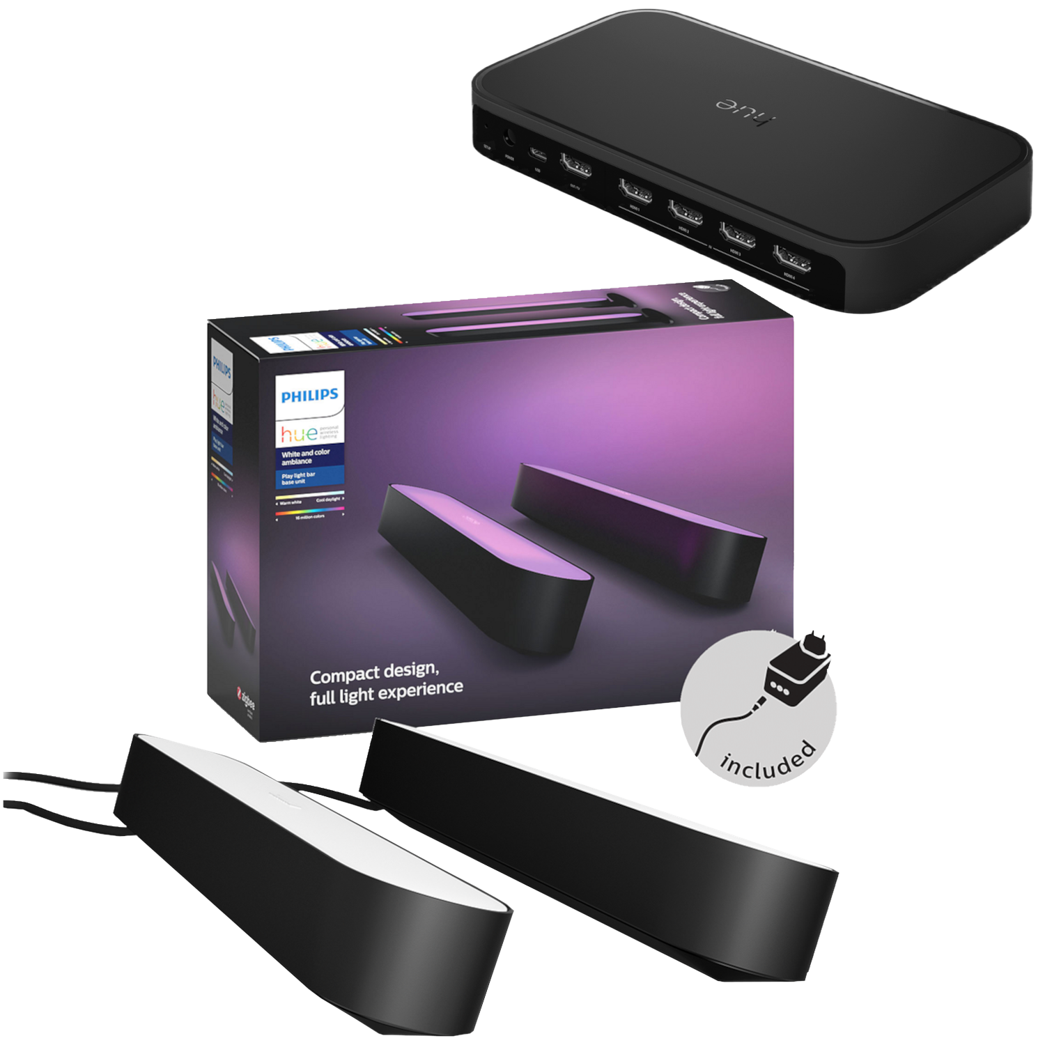 Philips Hue Play Light Bar set met basisunit en adapter.
