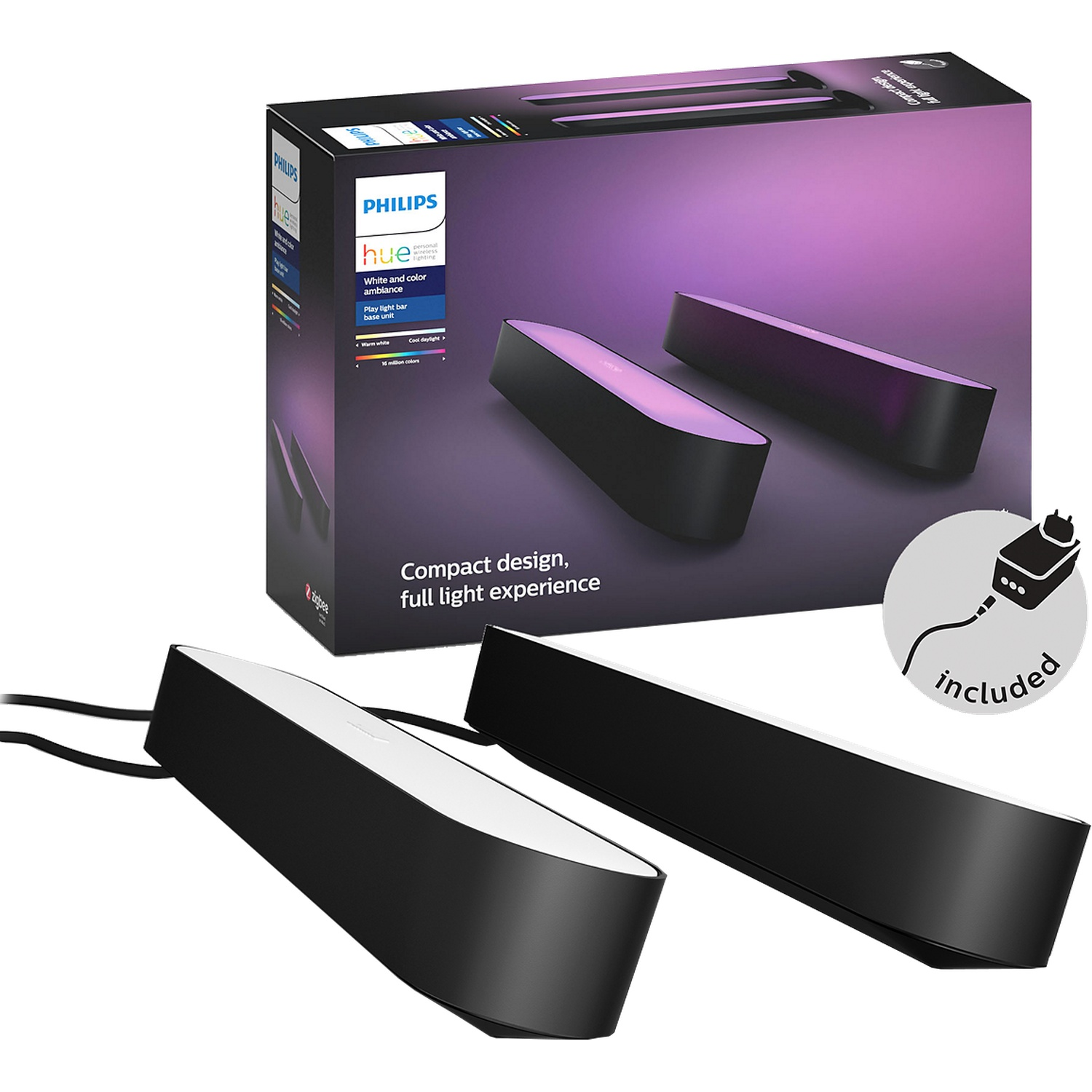 Twee zwarte Philips Hue Play lightbars met paarse verlichting, naast een doos.