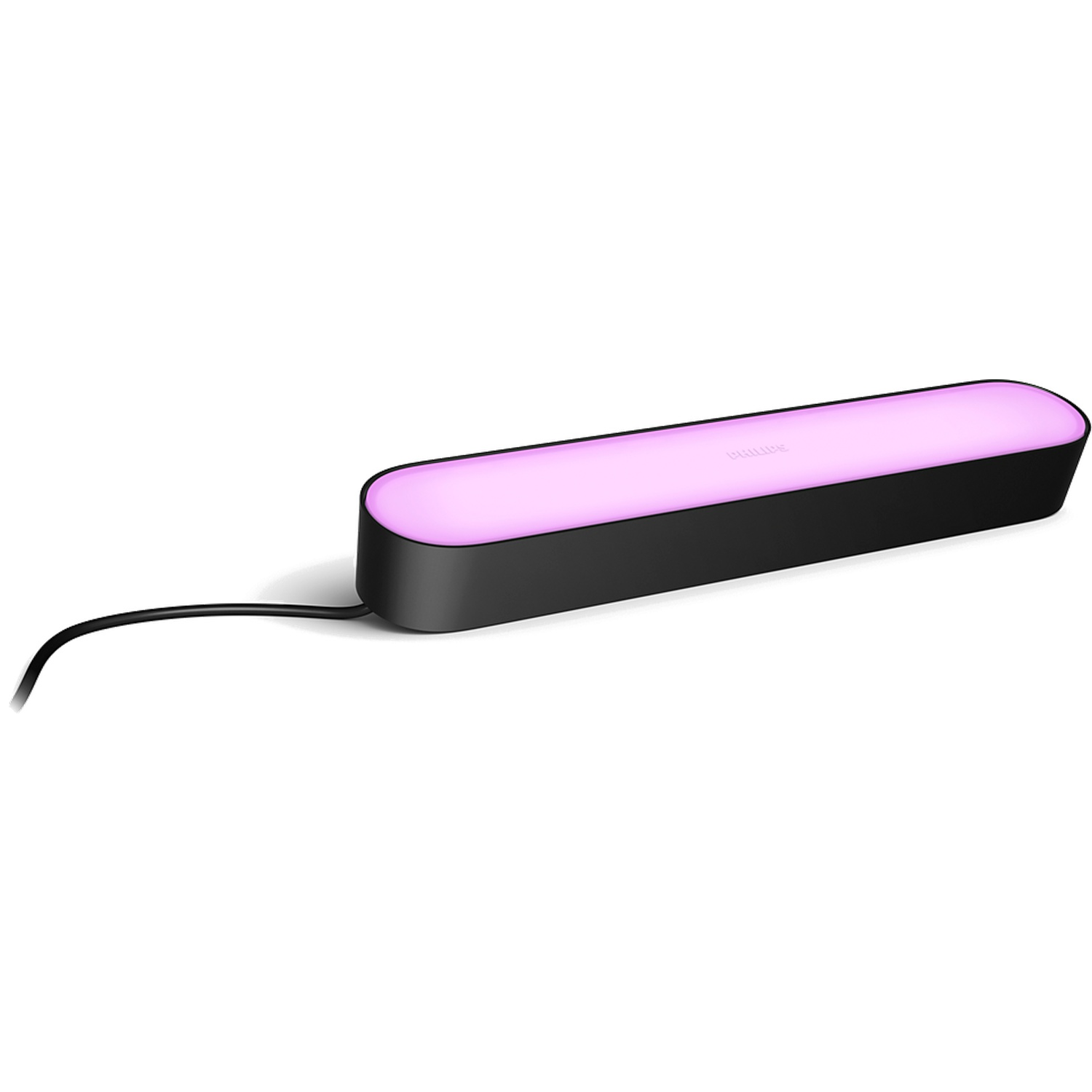 Zwarte lichtbalk met roze verlichting en een zwart snoer.