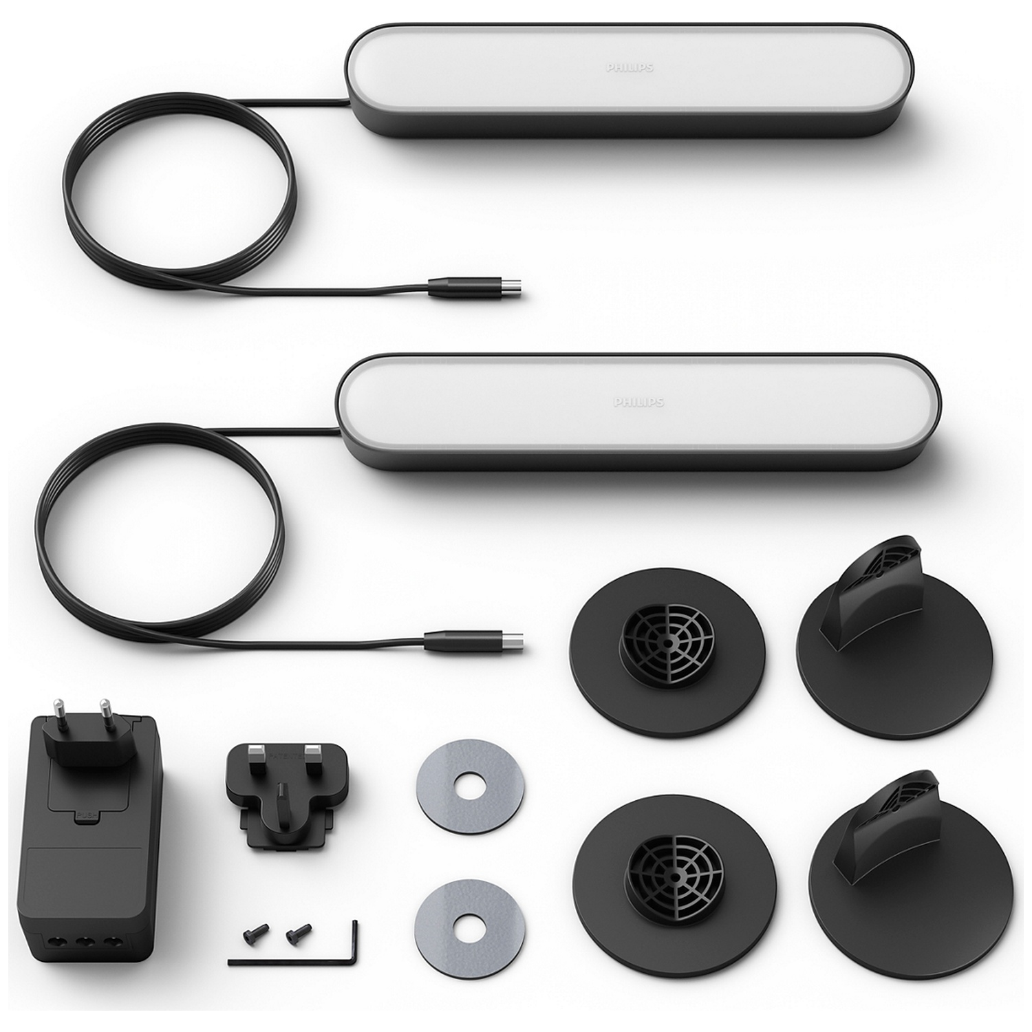 Twee witte Philips lichtstrips met kabels, adapter en montageaccessoires.