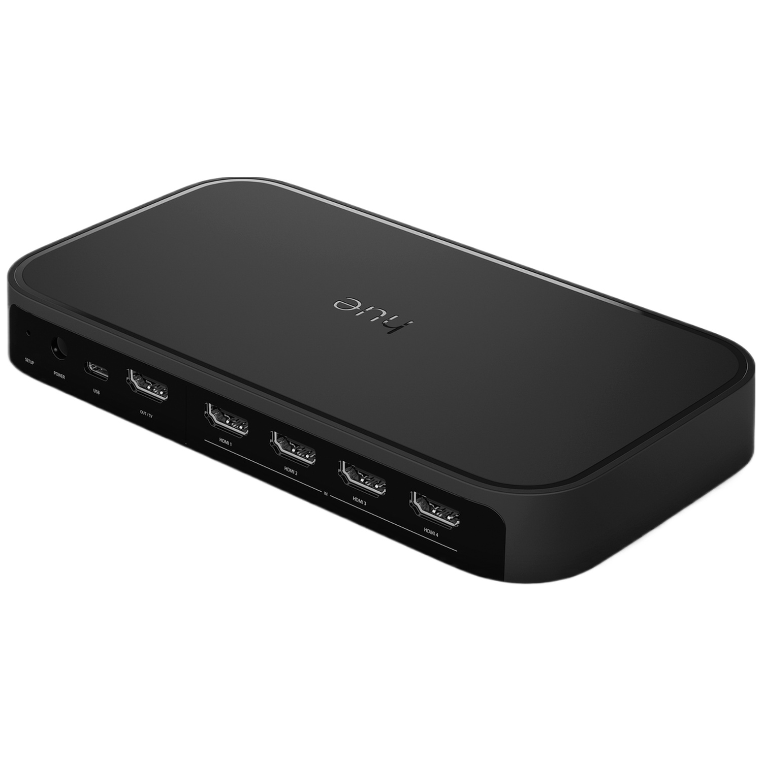 Zwart Hue-apparaat met 4 HDMI-ingangen, 1 HDMI-uitgang en USB-poort.