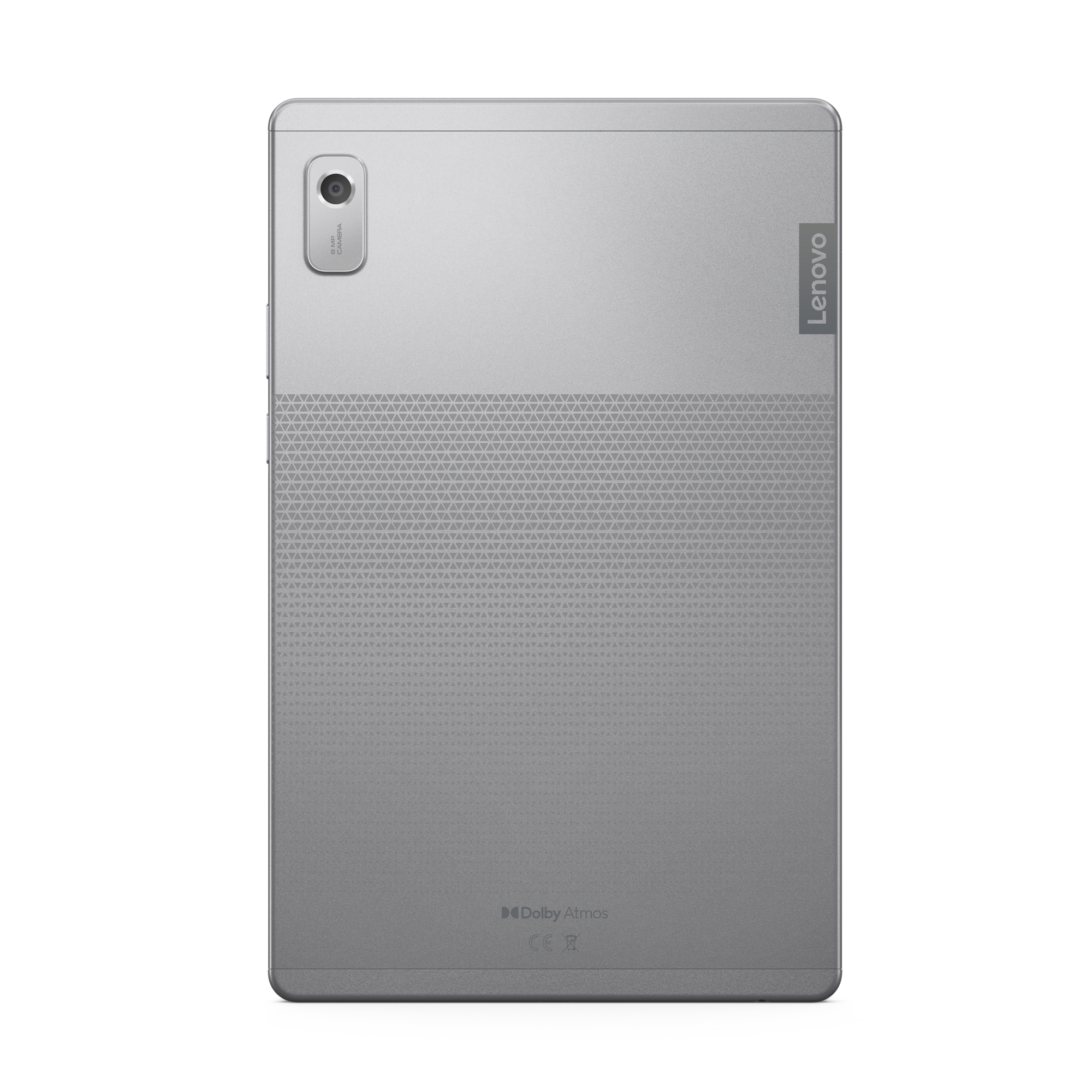 Srebrny tablet Lenovo widok z tyłu. Aparat 8MP, wzór geometryczny, logo Dolby Atmos.