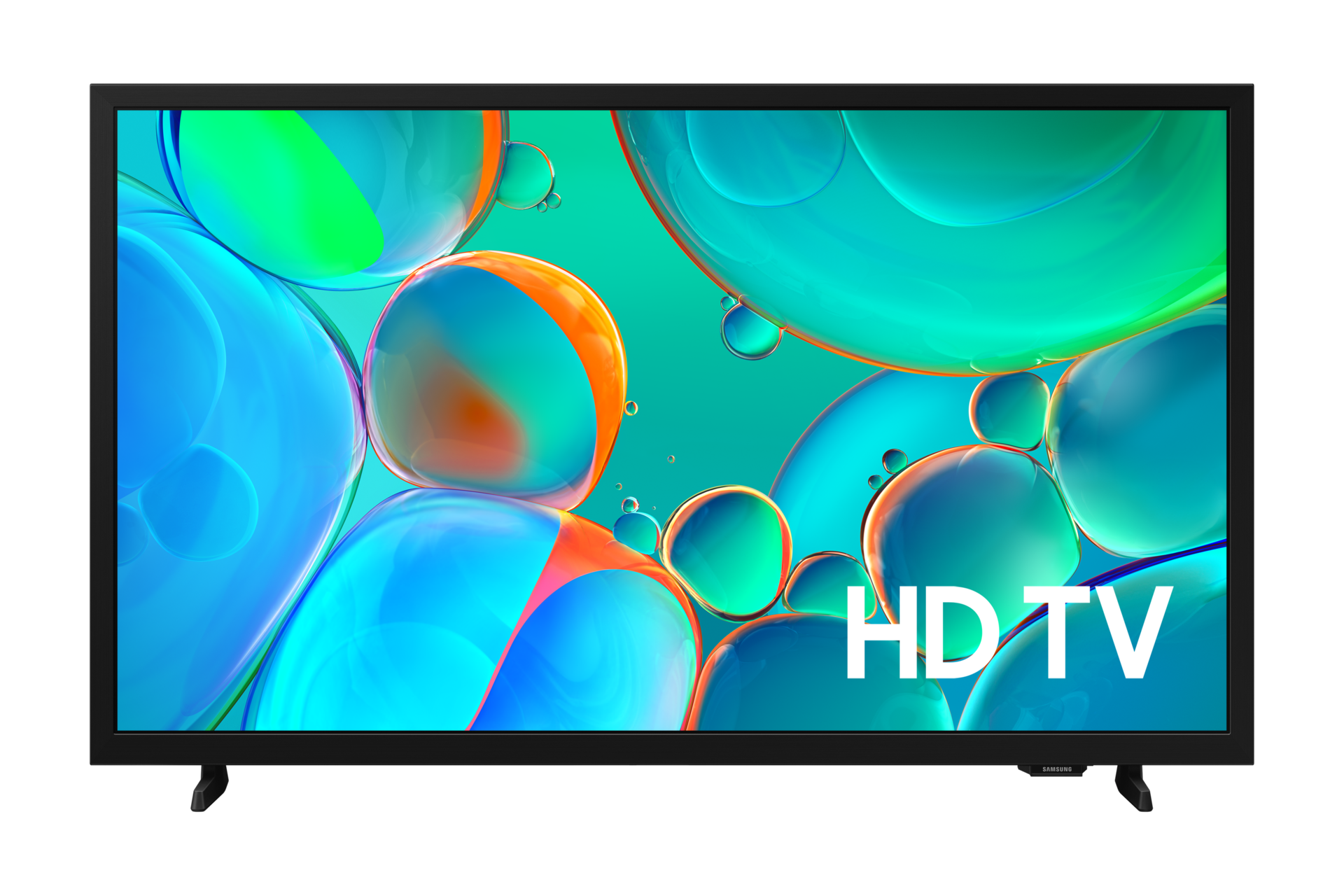 Telewizor HD wyświetlający abstrakcyjny wzór baniek w kolorach niebieskim, pomarańczowym i zielonym.