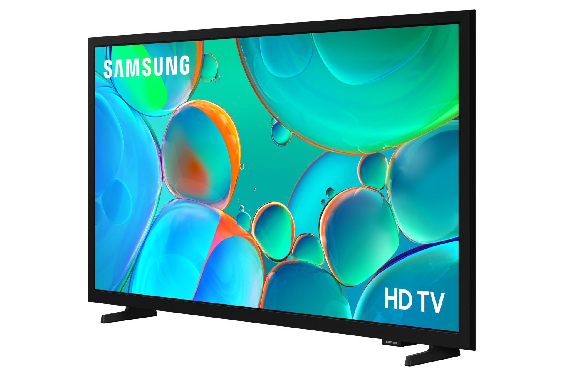 Telewizor Samsung HD wyświetla kolorowe, abstrakcyjne bąbelki na czarnym tle.
