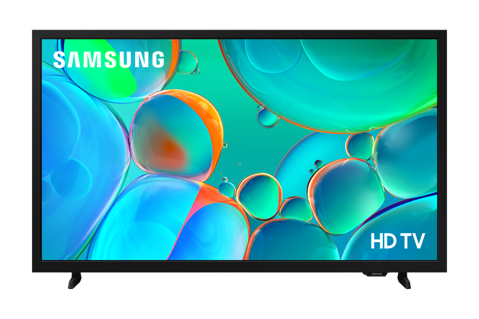 Telewizor Samsung HD wyświetlający kolorowe grafiki przypominające bańki.