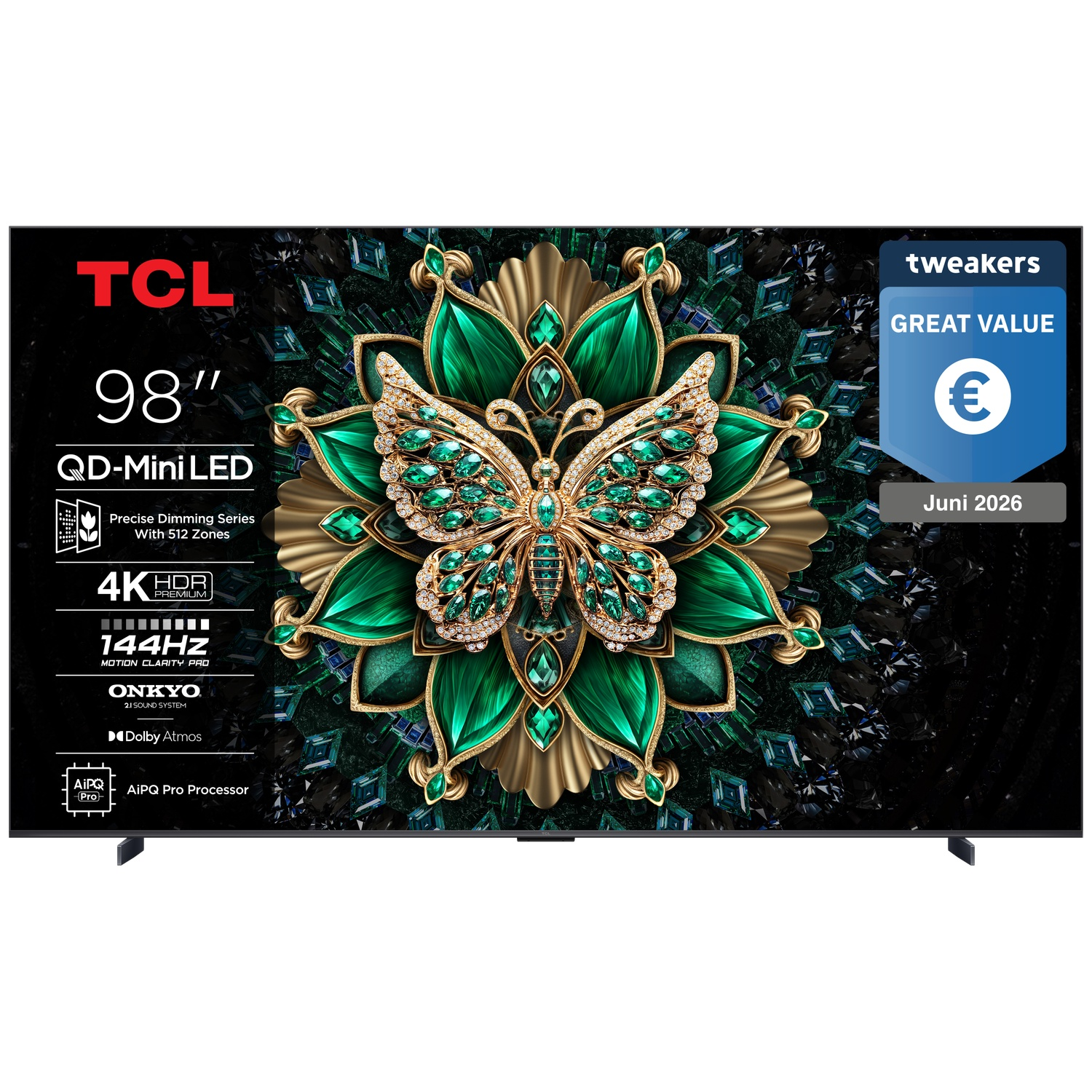 TCL 98" QD-Mini LED TV met vlinderdesign, 4K HDR, 144Hz, Dolby Atmos.