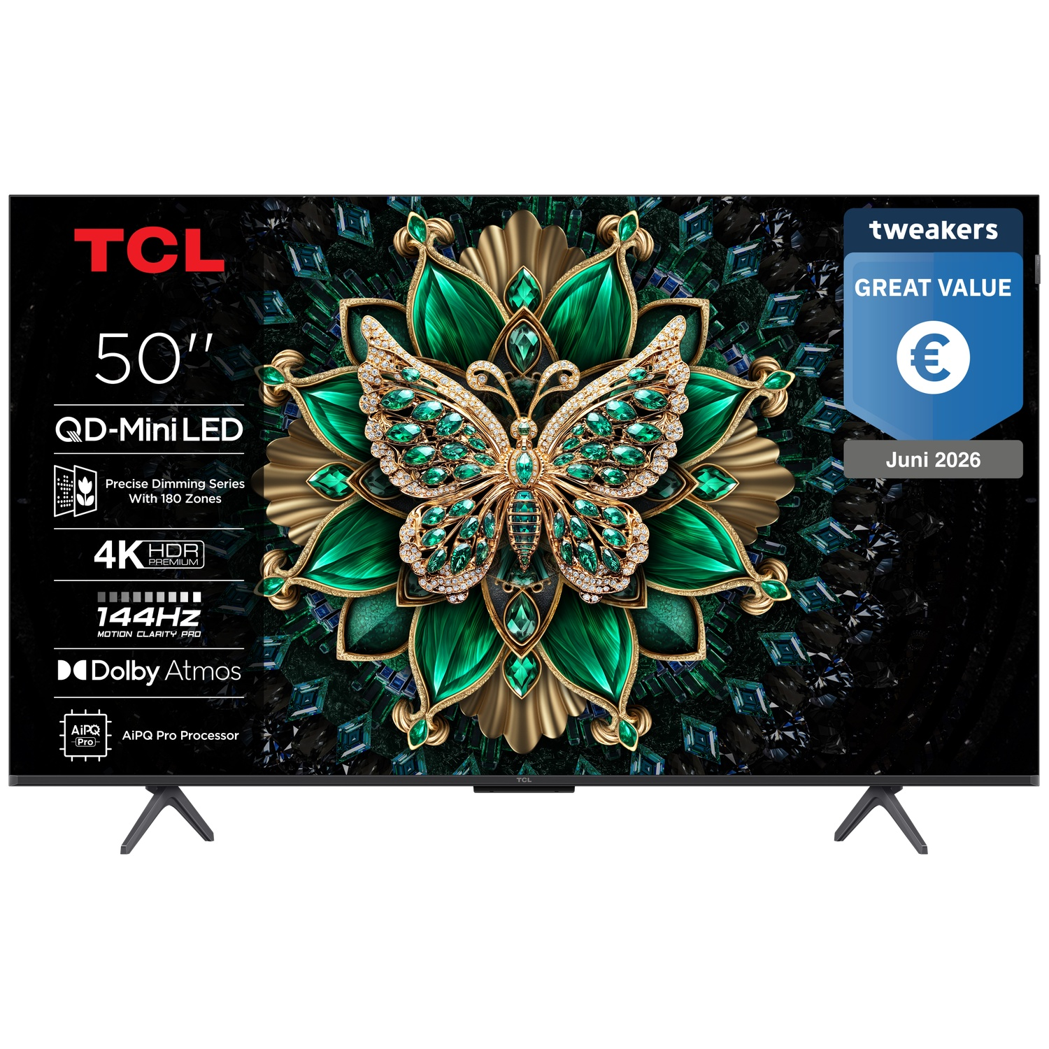 Un téléviseur TCL de 50 pouces doté de la technologie QD-Mini LED et d'un motif papillon.