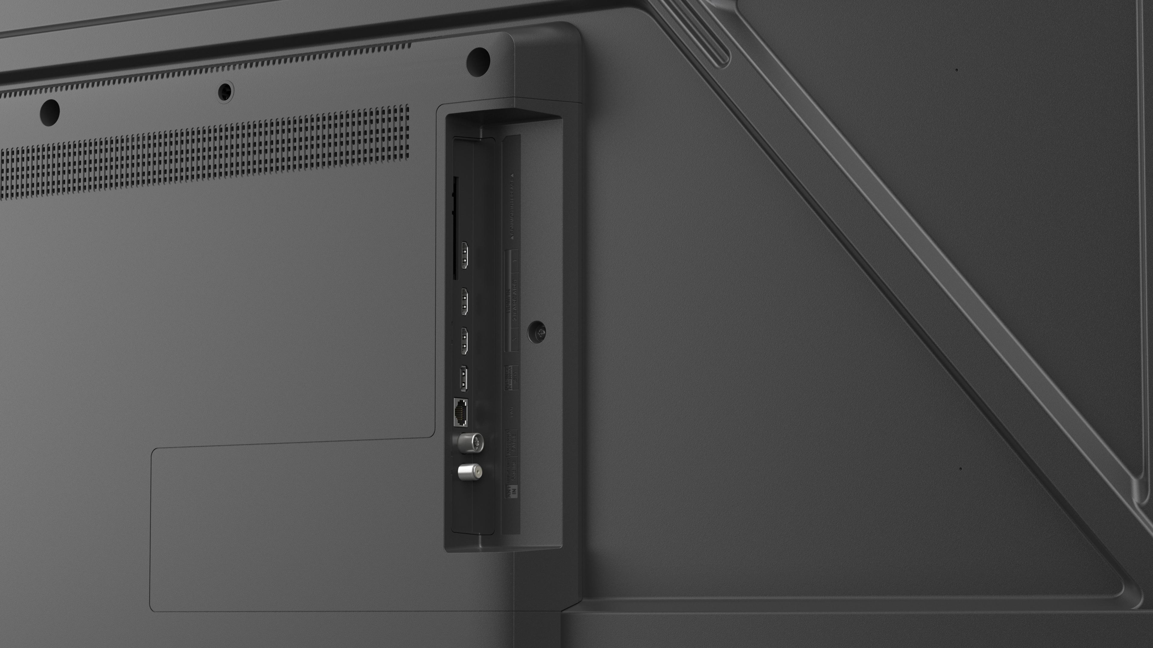 Rückseite eines Fernsehers mit Anschlüssen: HDMI, USB, Ethernet, Antenne.