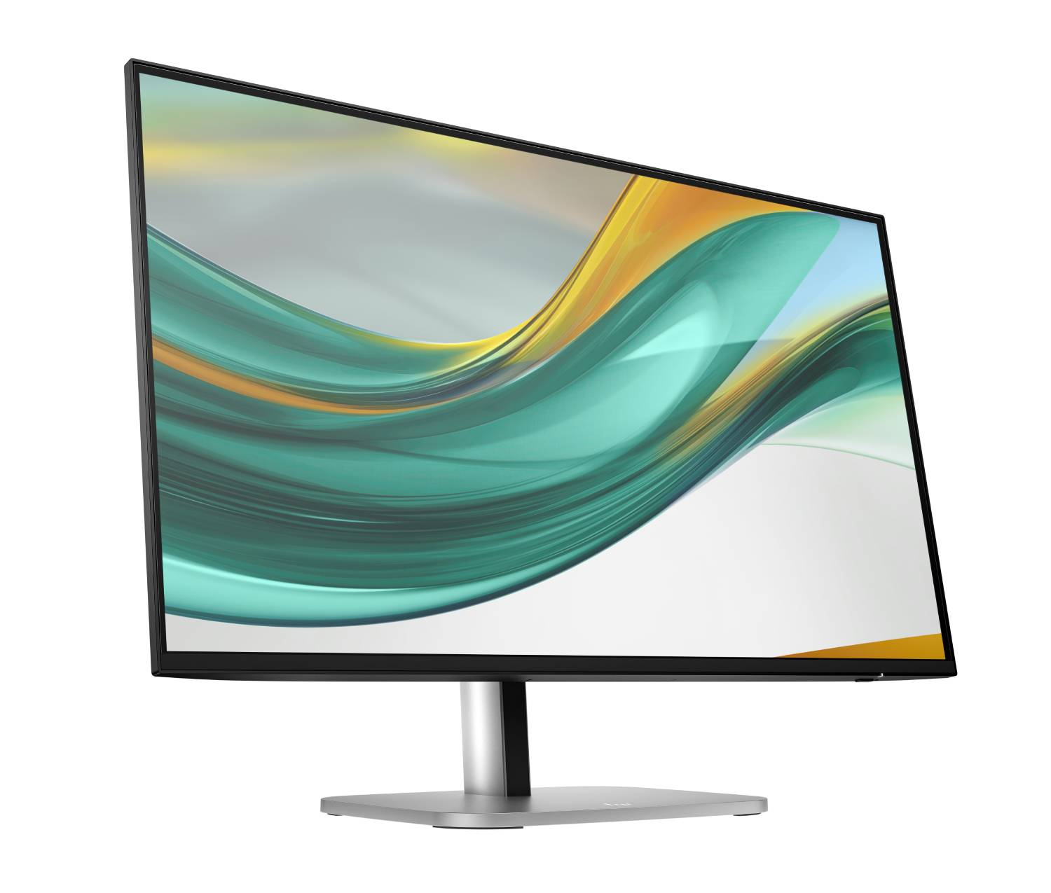 Un monitor moderno con soporte plateado, que muestra un fondo abstracto y ondulado en verde y amarillo.