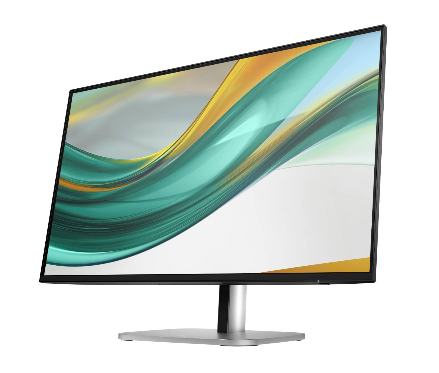 Un monitor moderno con un patrón abstracto y fluido en tonos verdes y amarillos.