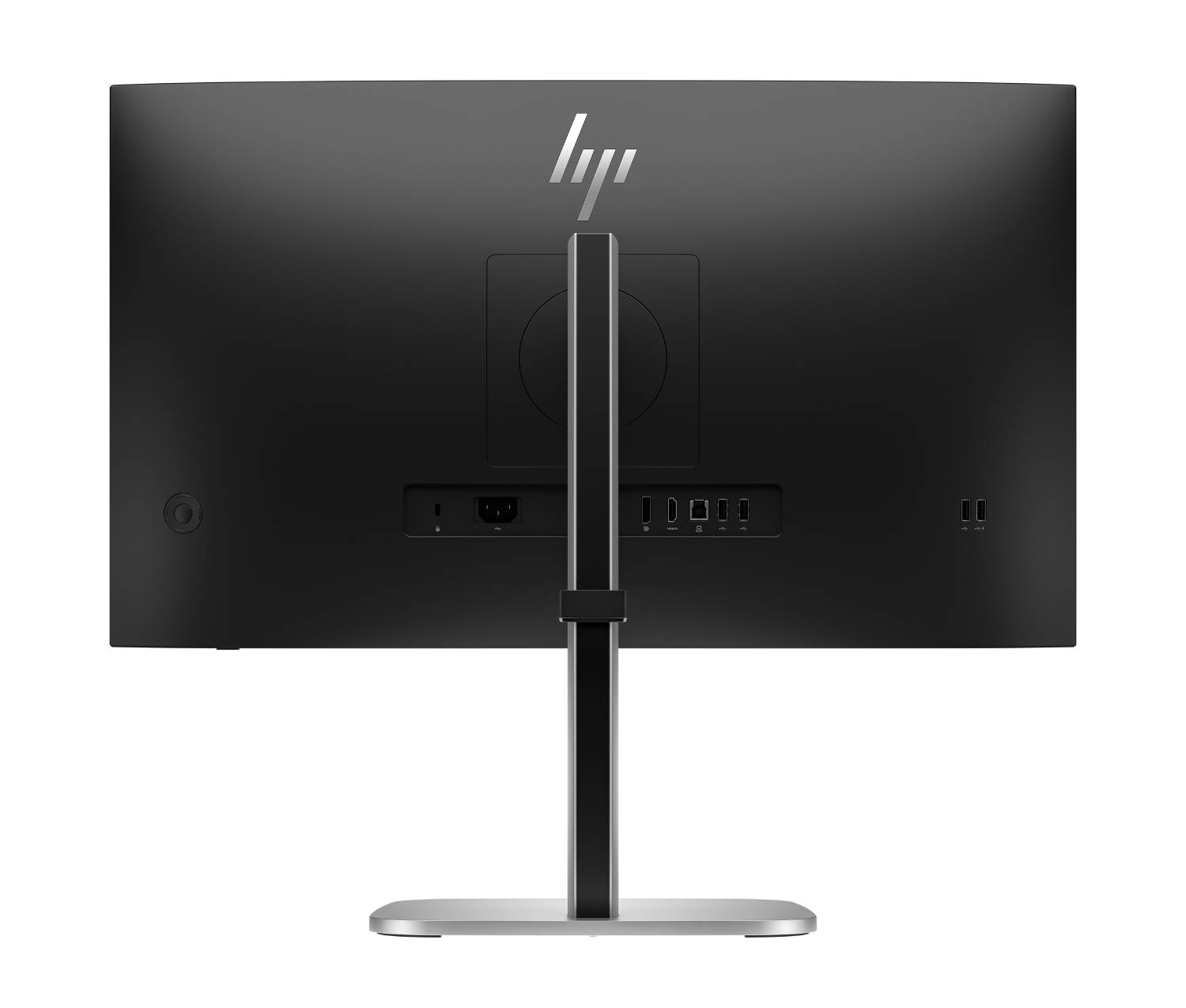 Parte trasera de un monitor HP negro con soporte plateado y puertos.