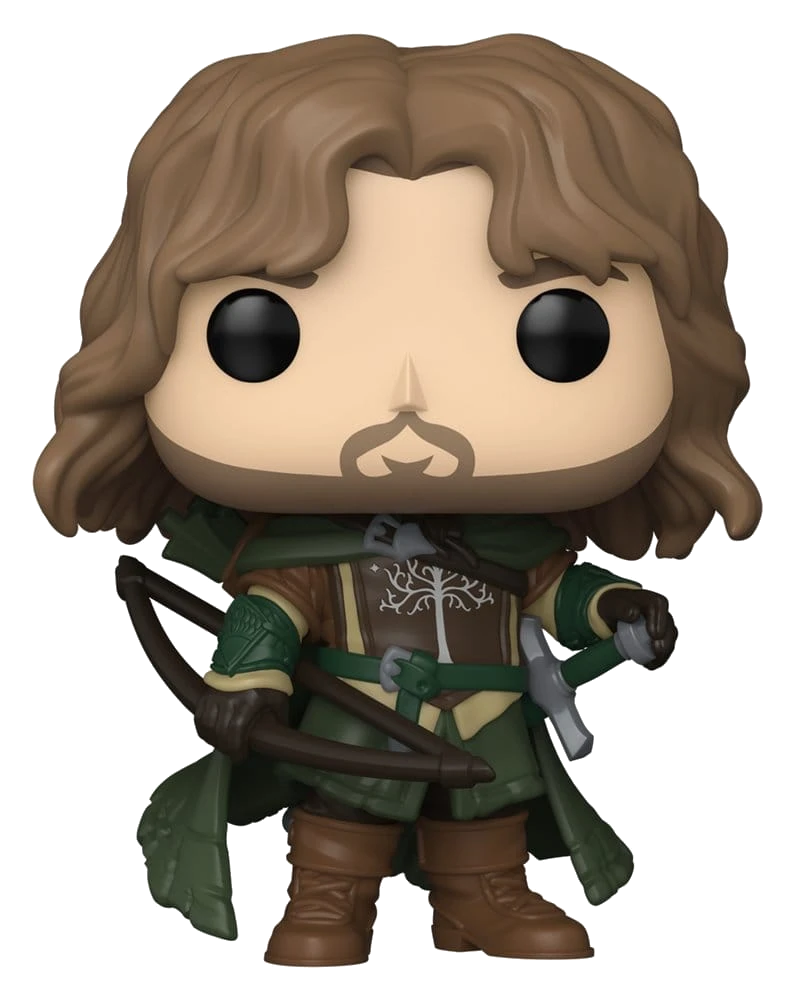 Figura Funko Pop de Aragorn con pelo castaño, arco y flechas, vestido de verde y marrón.