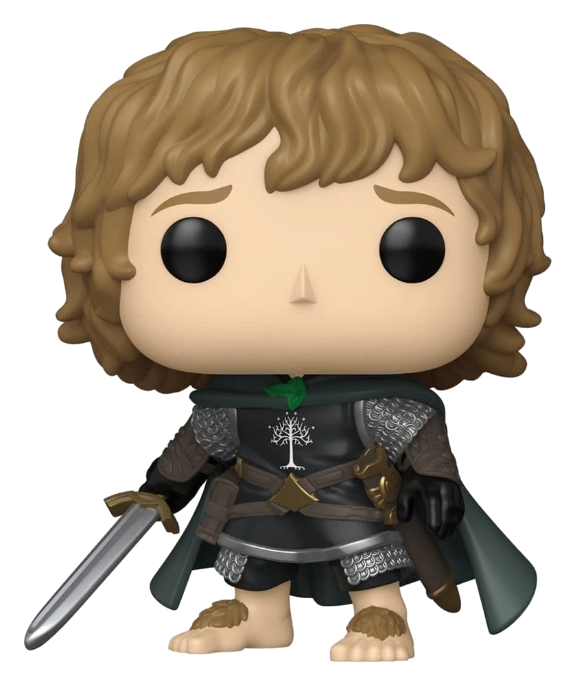 Un personaje Funko Pop con pelo castaño, espada, armadura y símbolo de árbol.