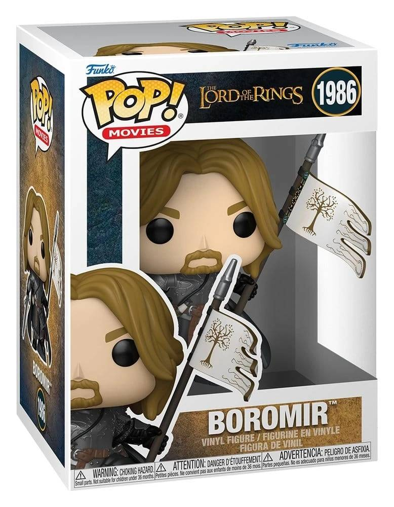 Figura Funko Pop! Boromir de El Señor de los Anillos, sostiene un estandarte blanco con un árbol.