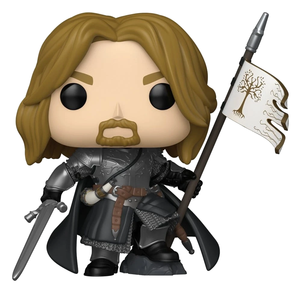 Un Funko Pop de Aragorn con espada y la bandera del Árbol Blanco.