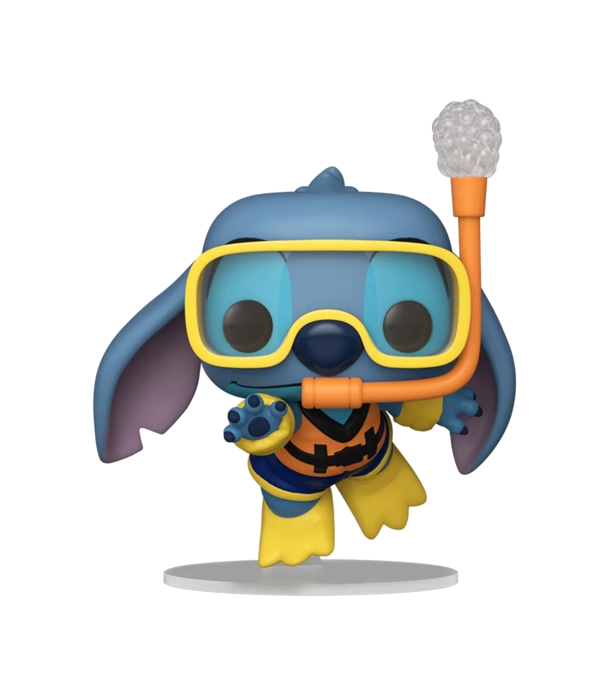 Stitch azul con esnórquel, gafas, chaleco salvavidas y aletas, en pose juguetona.