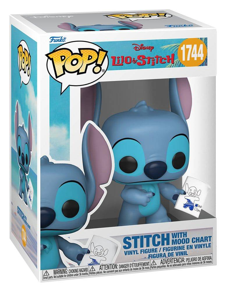 Figura Funko Pop! de vinilo de Stitch con tabla de humor. Azul con orejas grandes.