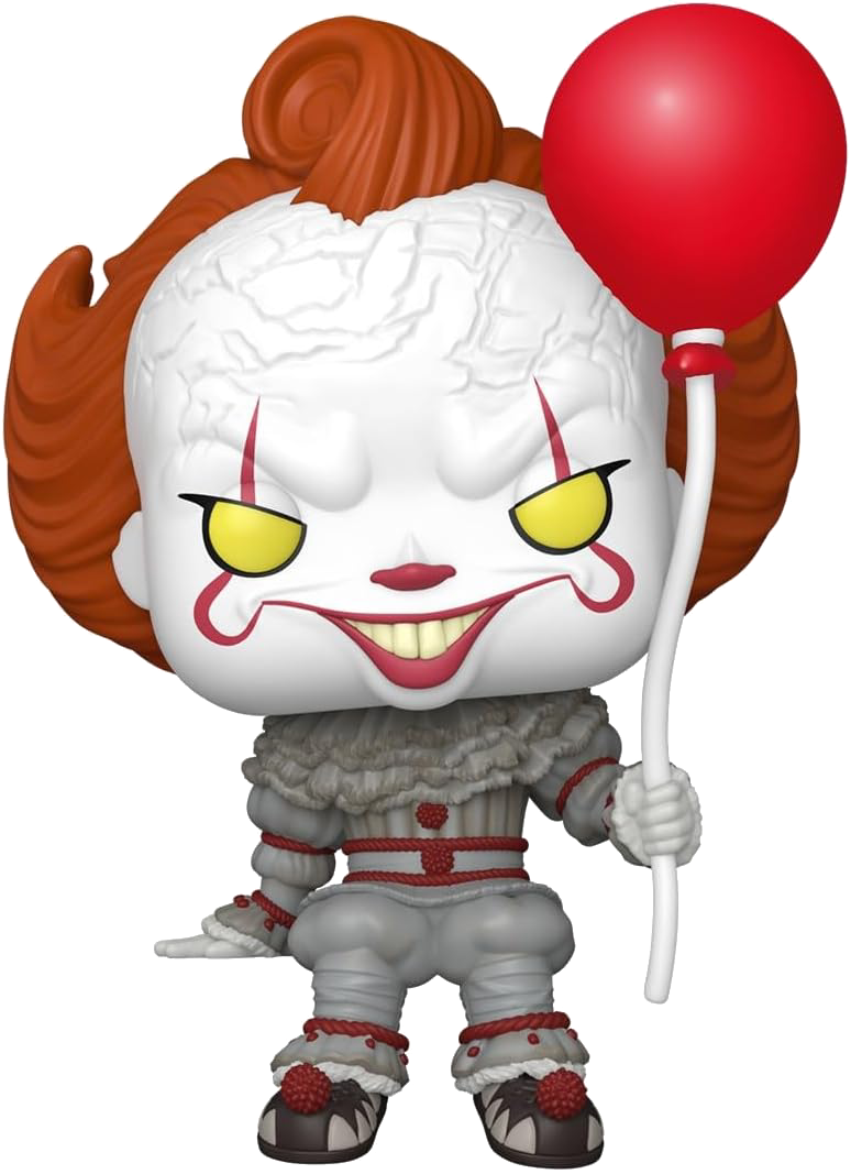 Una figura de Pennywise con pelo rojo, cara blanca y globo rojo.