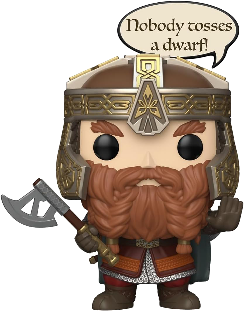 Un Funko Pop de Gimli con hacha y casco, diciendo "¡Nadie arroja a un enano!"