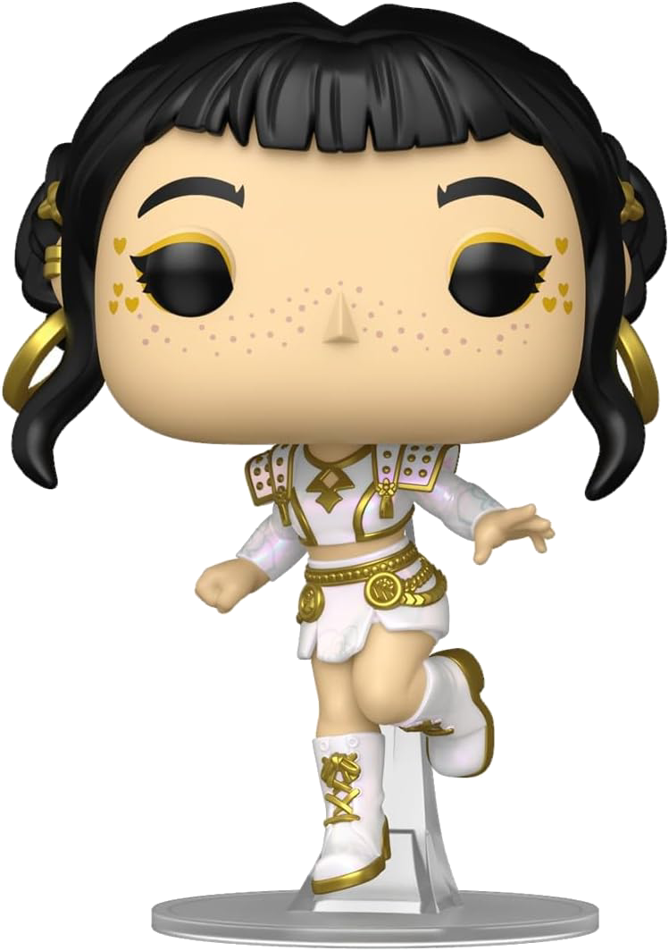 Figura Funko Pop de mujer con pelo negro, maquillaje dorado y traje blanco con acentos dorados.