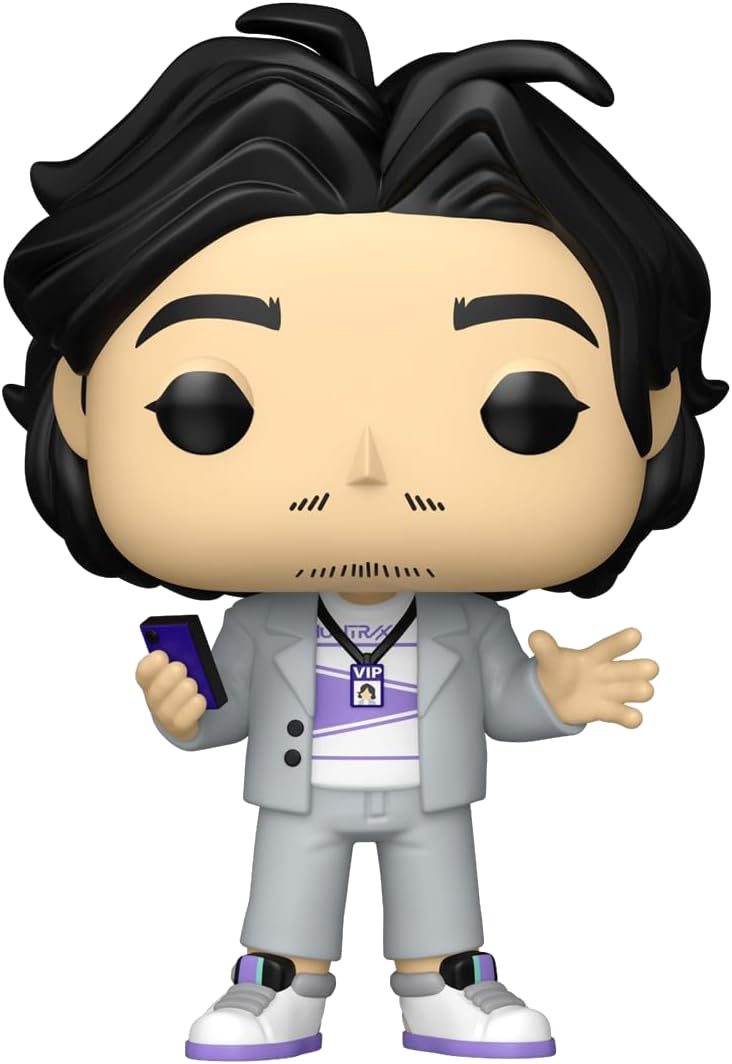 Figura Funko Pop de hombre con traje gris, teléfono y pase VIP.