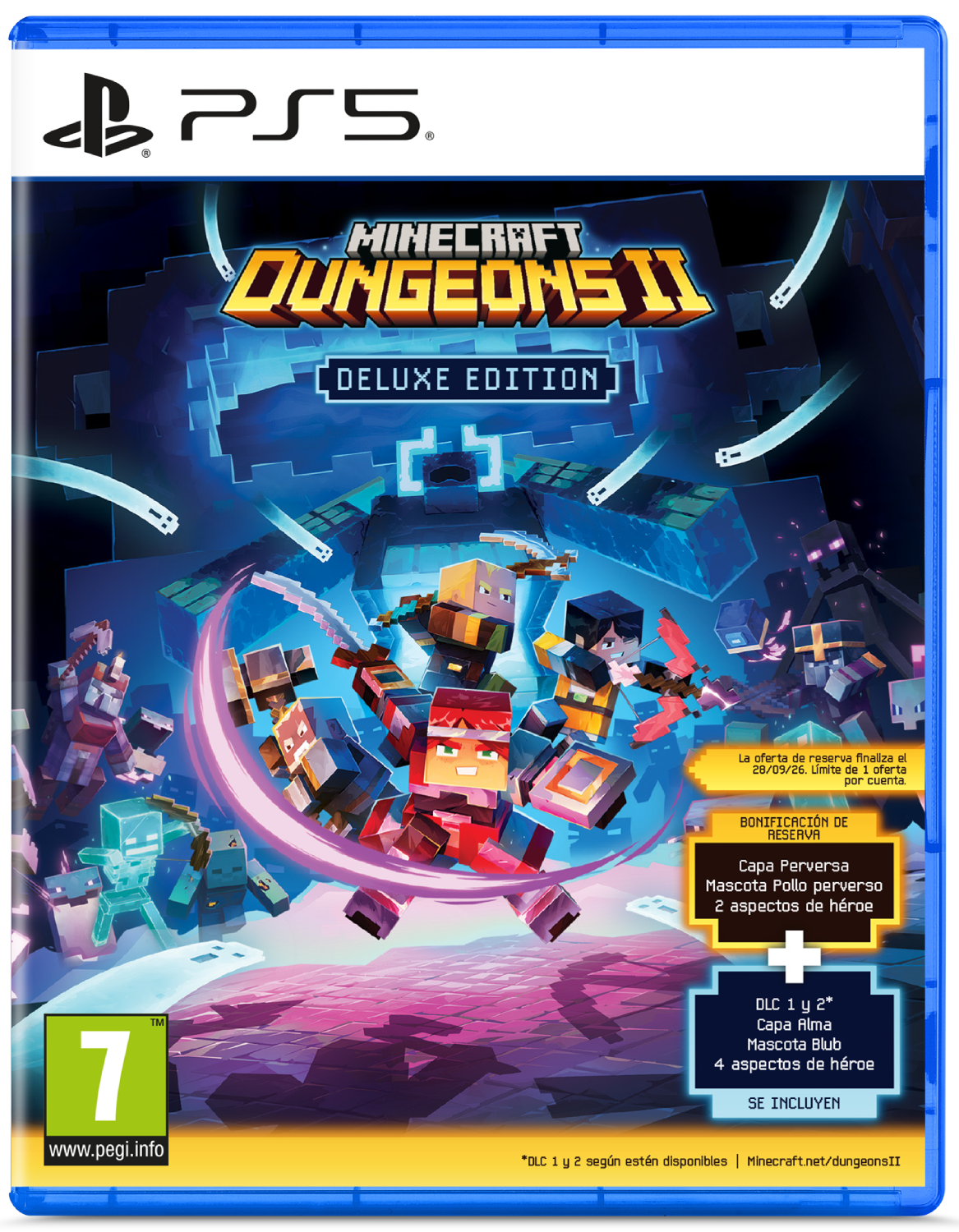 Portada de Minecraft Dungeons II Deluxe Edition para PS5 con personajes y detalles del juego.