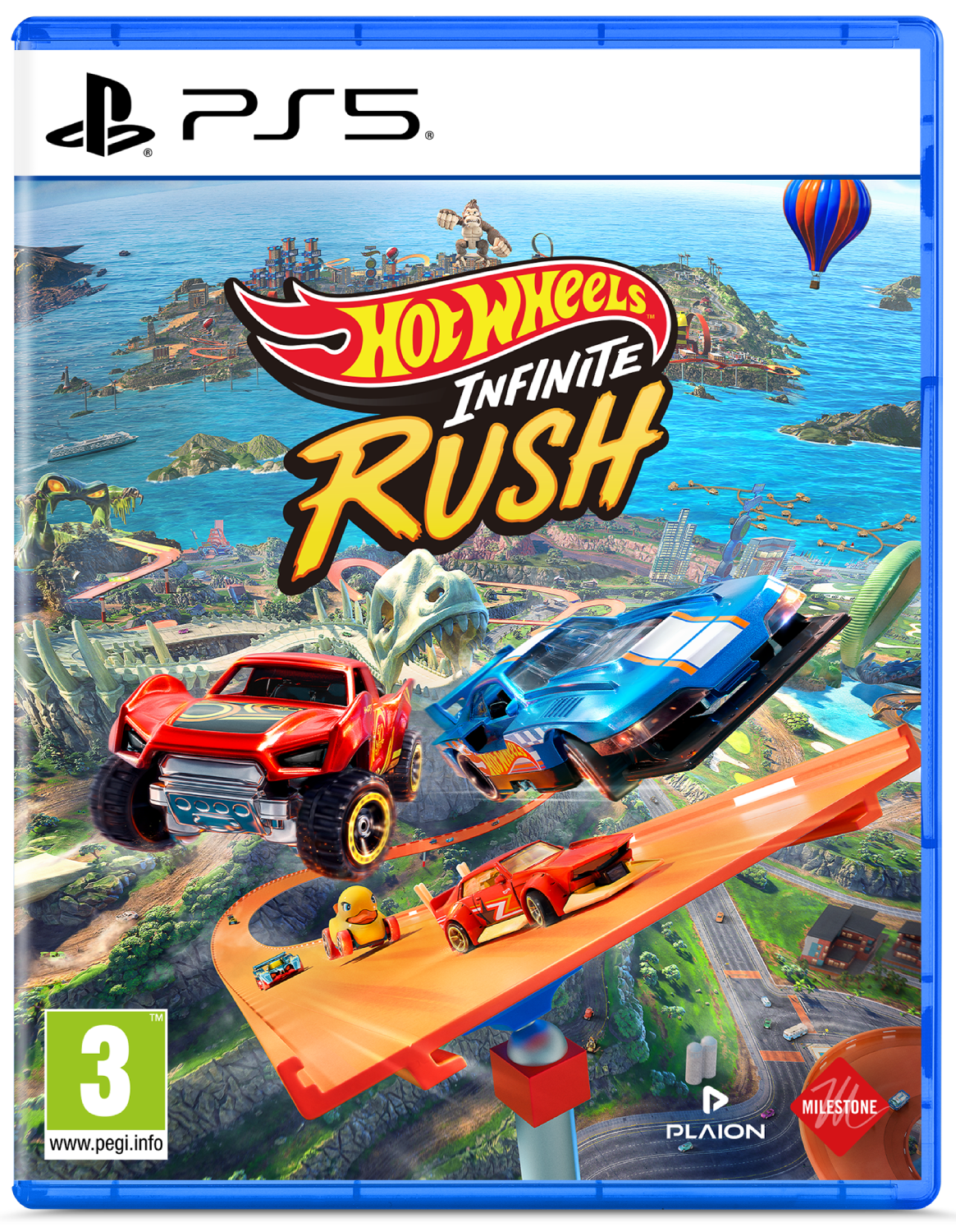 Portada de Hot Wheels Infinite Rush PS5 con coches en pistas, esqueletos de dinosaurios e islas.