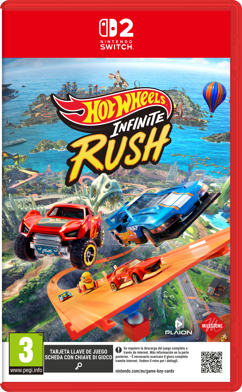 Portada del juego Hot Wheels Infinite Rush para Nintendo Switch, con coches de carreras y esqueleto de dinosaurio.