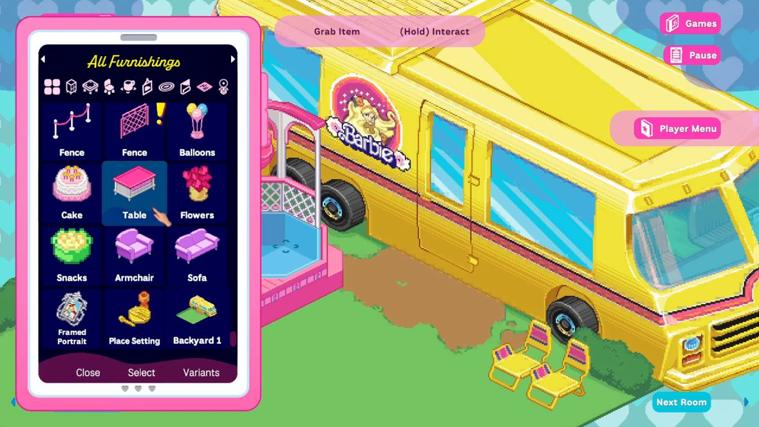 Escena de pixel art que muestra una caravana de Barbie y un menú de muebles.