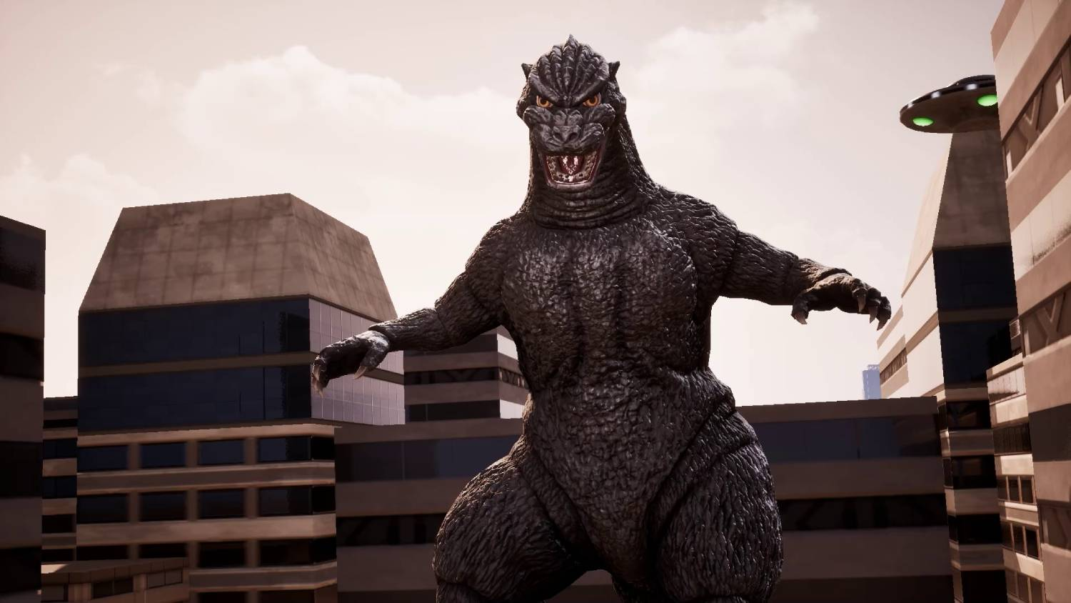 Godzilla con un OVNI se alza entre rascacielos.