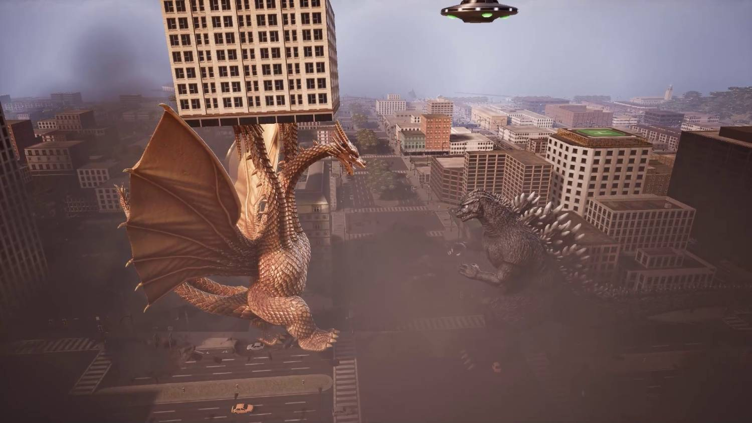 Figura de dragón dorado sostiene edificio, Godzilla y OVNI en ciudad.