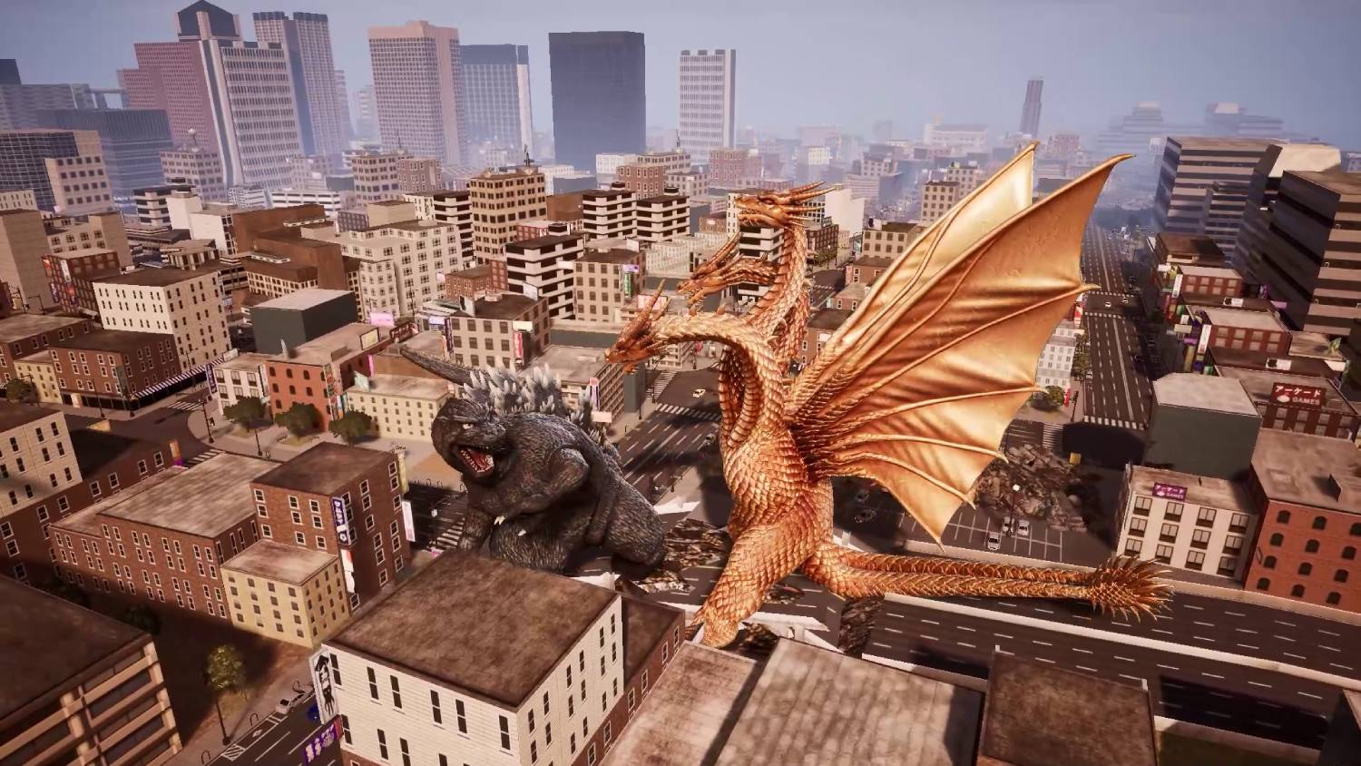Godzilla lucha contra un dragón dorado de tres cabezas sobre una ciudad.
