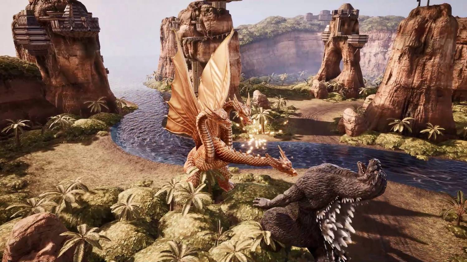 Un dragón dorado de tres cabezas lucha contra un monstruo oscuro y peludo junto a un río.