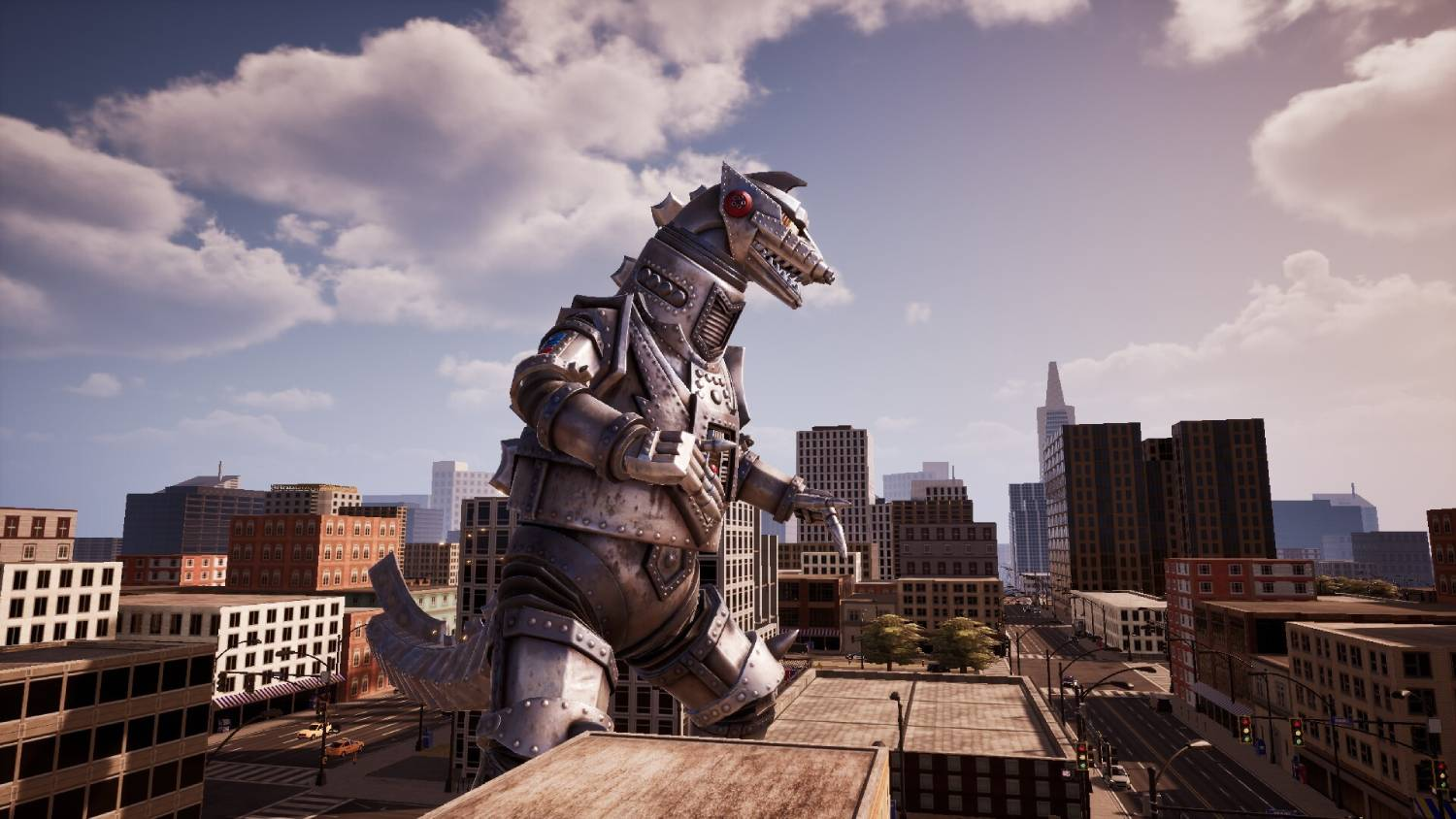 Un Mechagodzilla gigante se alza en una ciudad. Nubes en el cielo.