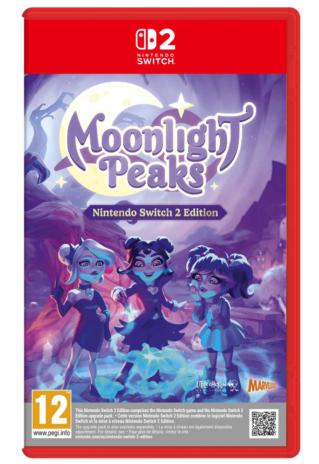 Portada del juego de Nintendo Switch Moonlight Peaks, con tres brujas de dibujos.
