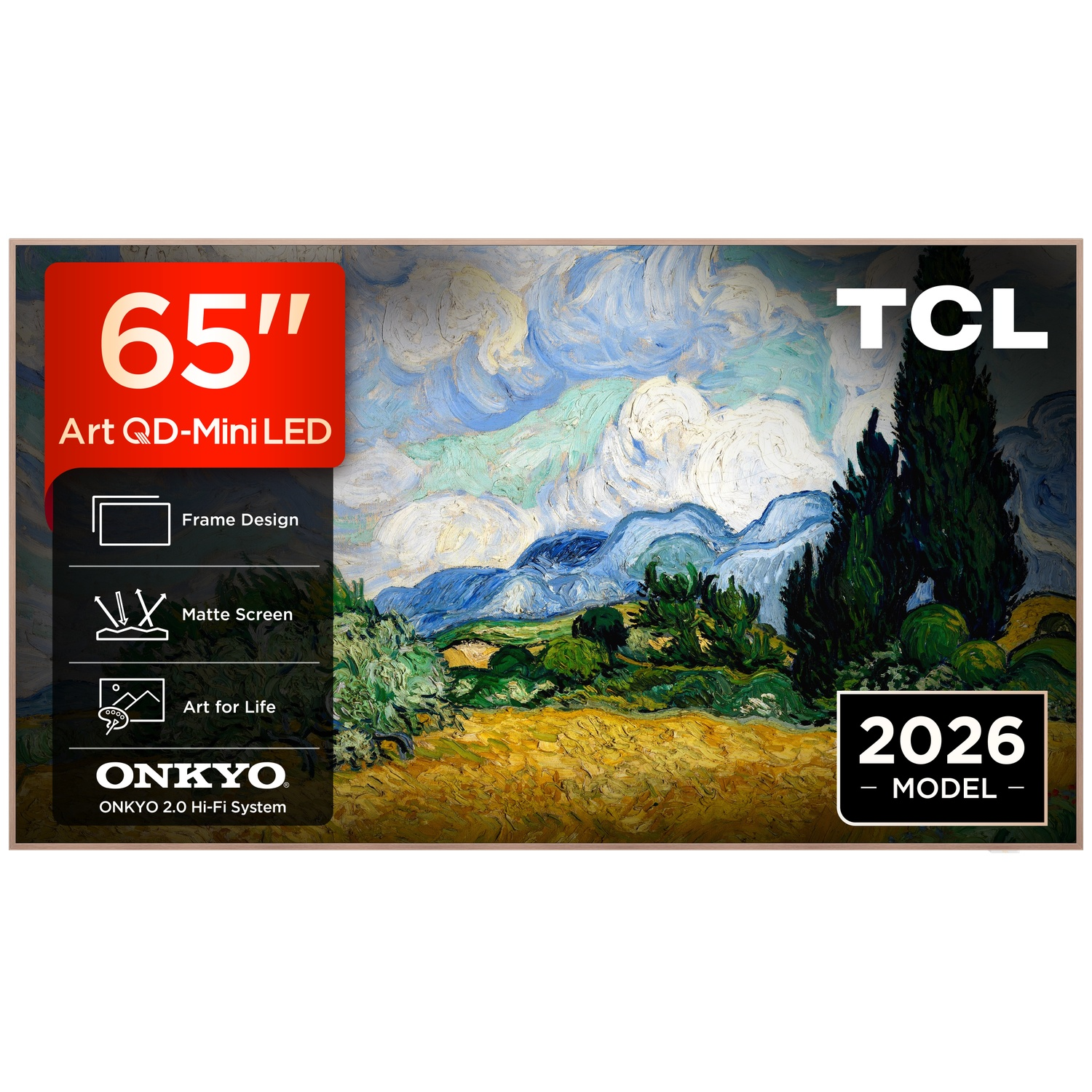 TV TCL 65" QD-Mini LED affichant l'art de Van Gogh, cadre et écran mat.
