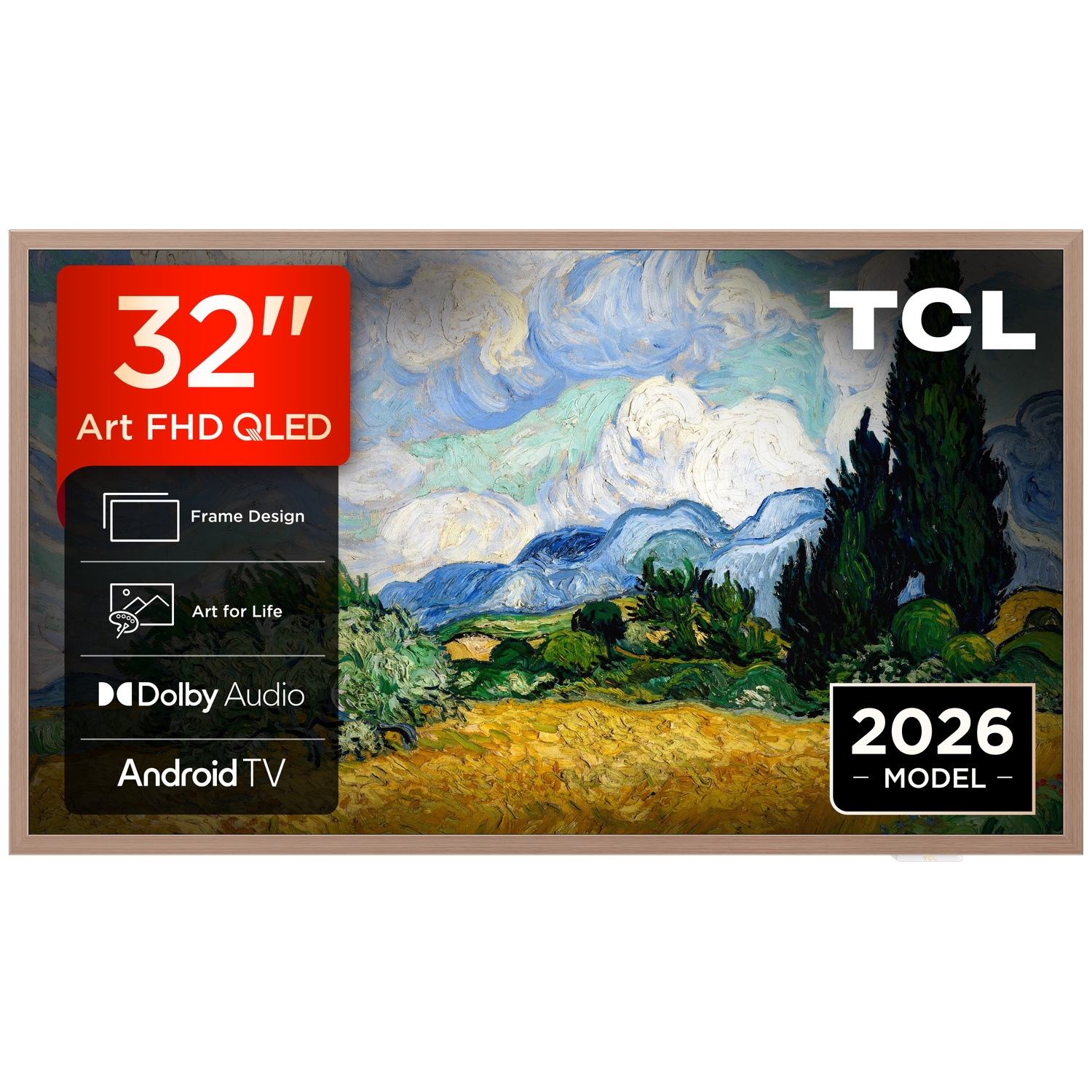 Un téléviseur TCL Art FHD QLED de 32 pouces affiche un paysage style Van Gogh. Comprend Dolby Audio et Android TV.