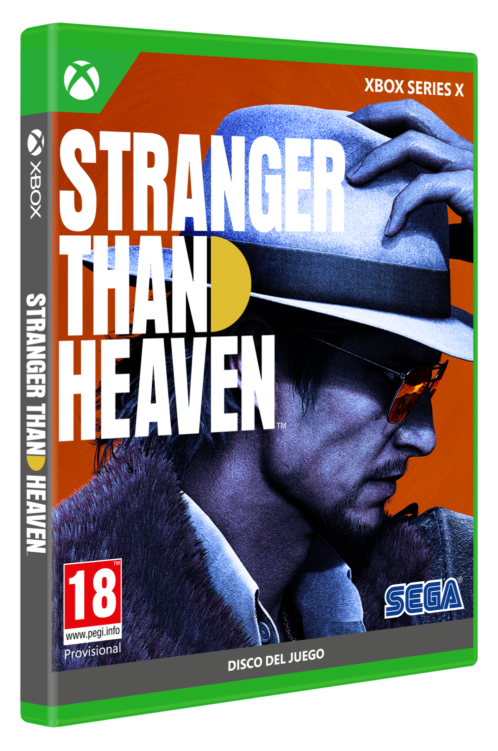 Portada de juego Xbox 'Stranger Than Heaven' con un hombre con sombrero y gafas.