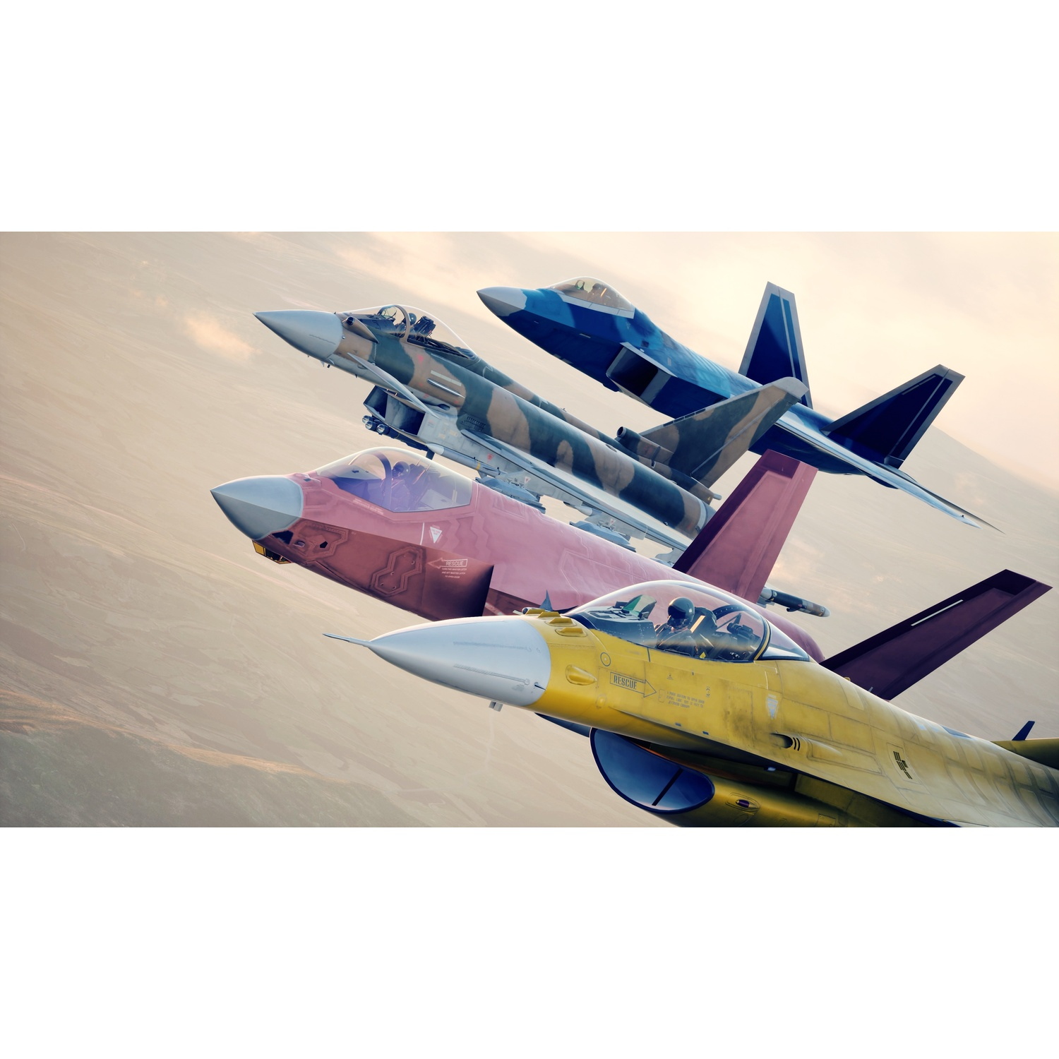Quatre avions de chasse en formation : jaune, rose, camouflage et bleu. Volant sur terre.
