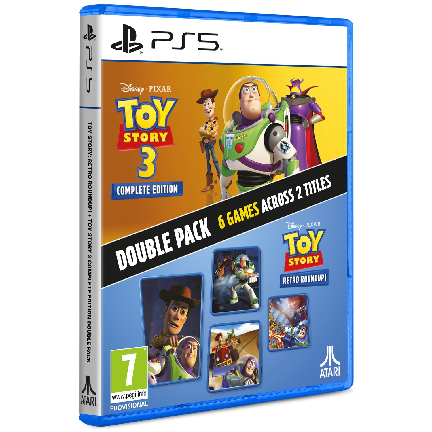 PS5 gamecase voor Toy Story 3 en Retro Roundup Dubbelpakket met personages.