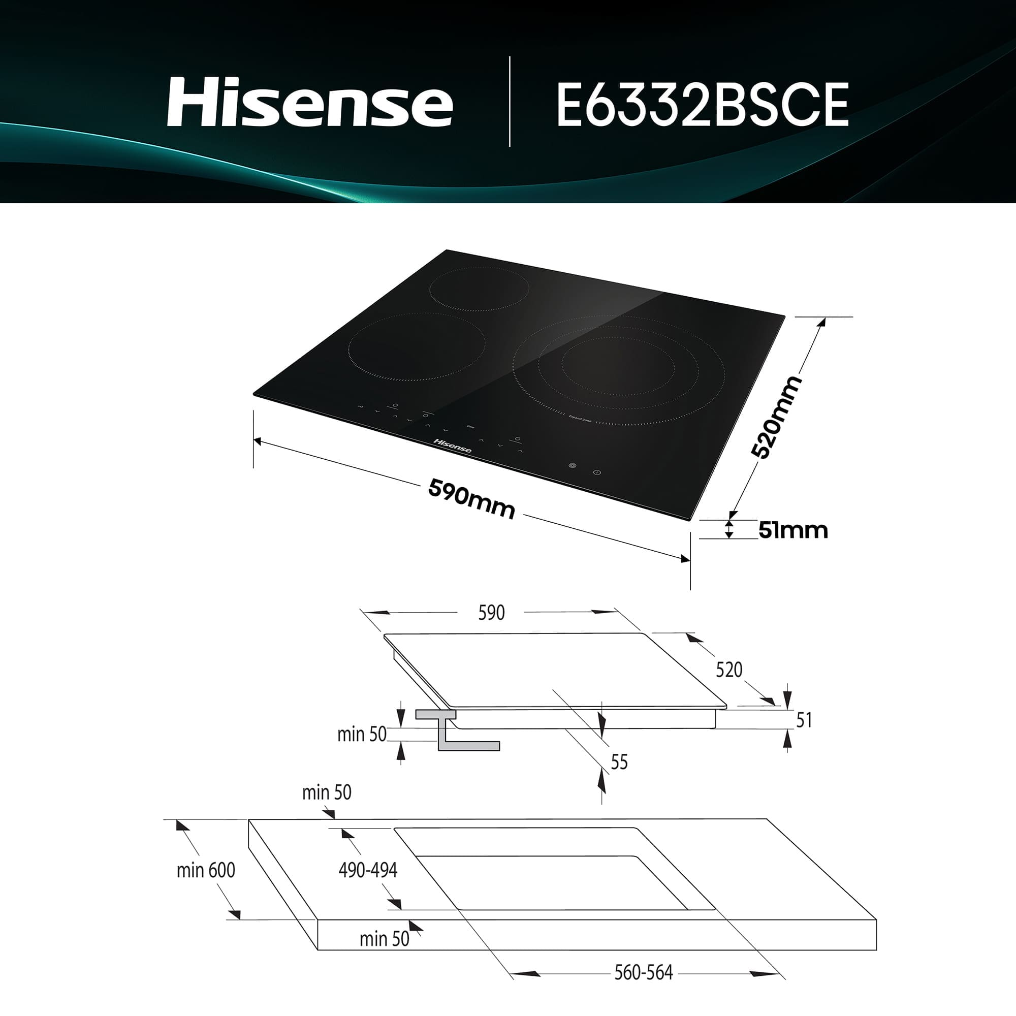 Dibujo técnico de una placa de inducción Hisense E6332BSCE negra con dimensiones.