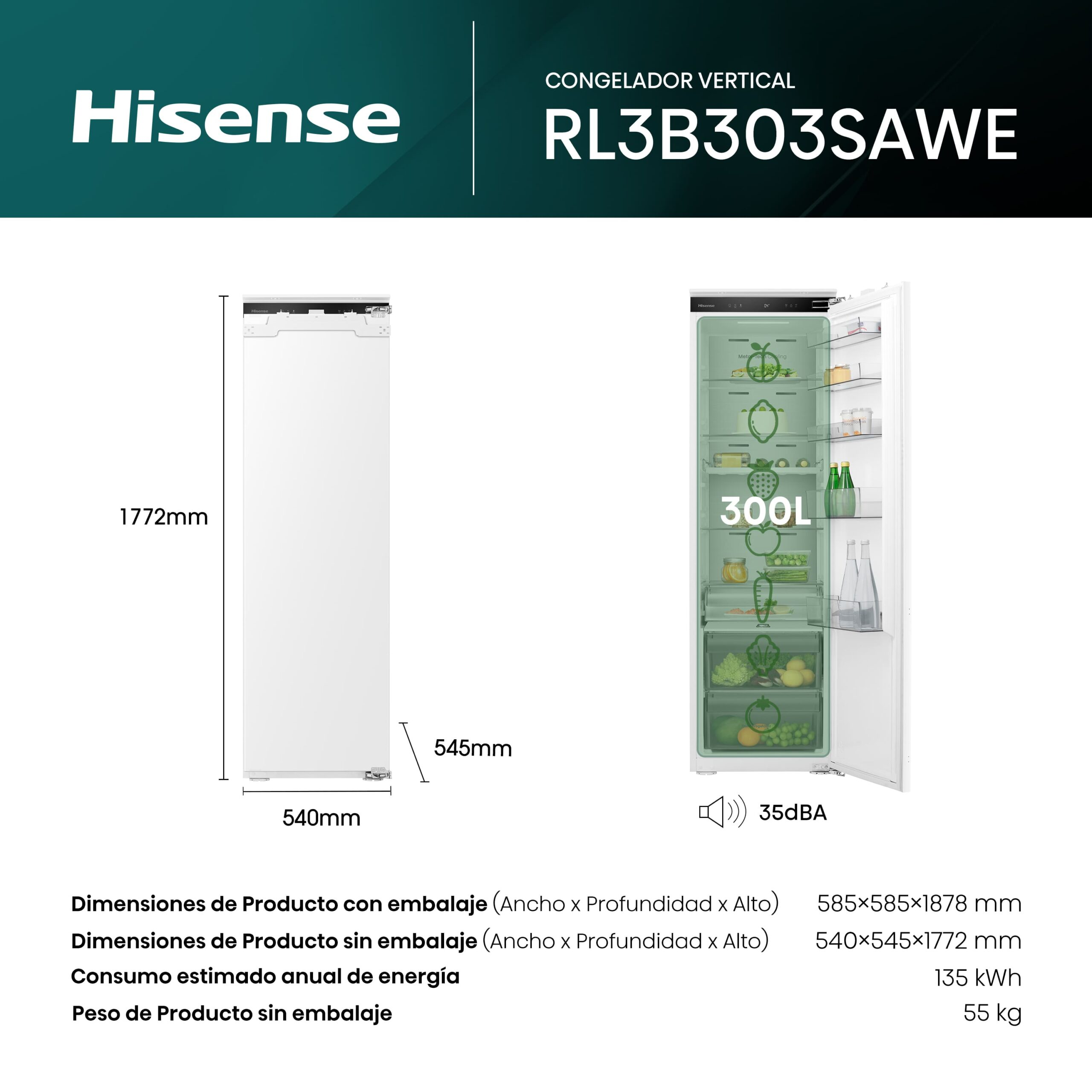 Nevera Hisense: 1772mm alta, 540mm ancha, 545mm profunda, 300L, 35dBA.