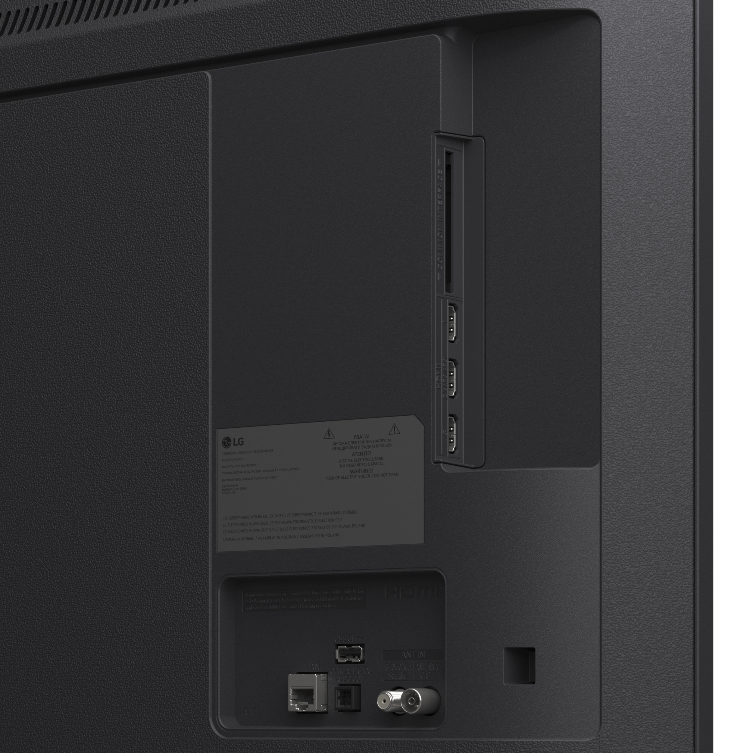 Tył czarnego telewizora z portami: HDMI, USB, LAN, Antena.