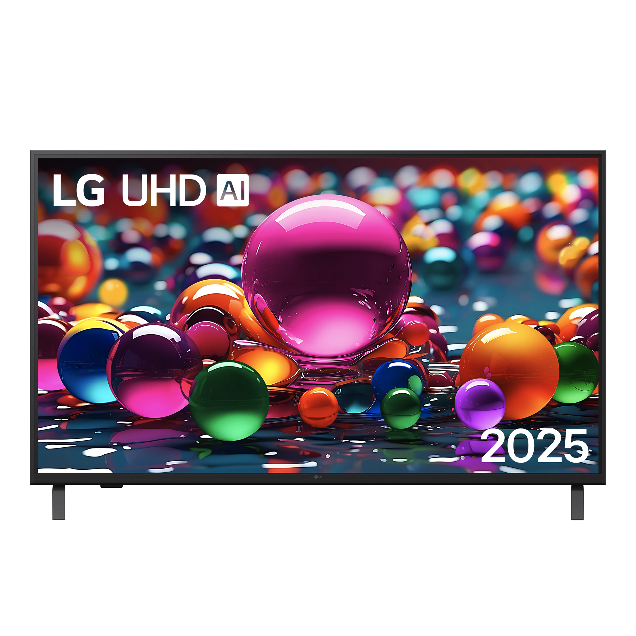 Telewizor LG UHD AI z kolorowymi, błyszczącymi kulami i rokiem 2025.